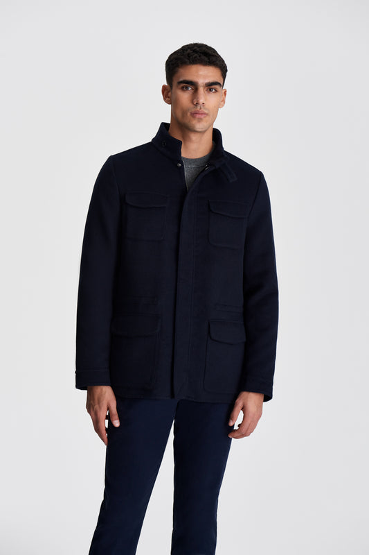 Wool Cashmere Car Coat Navy Model Cropped Image
