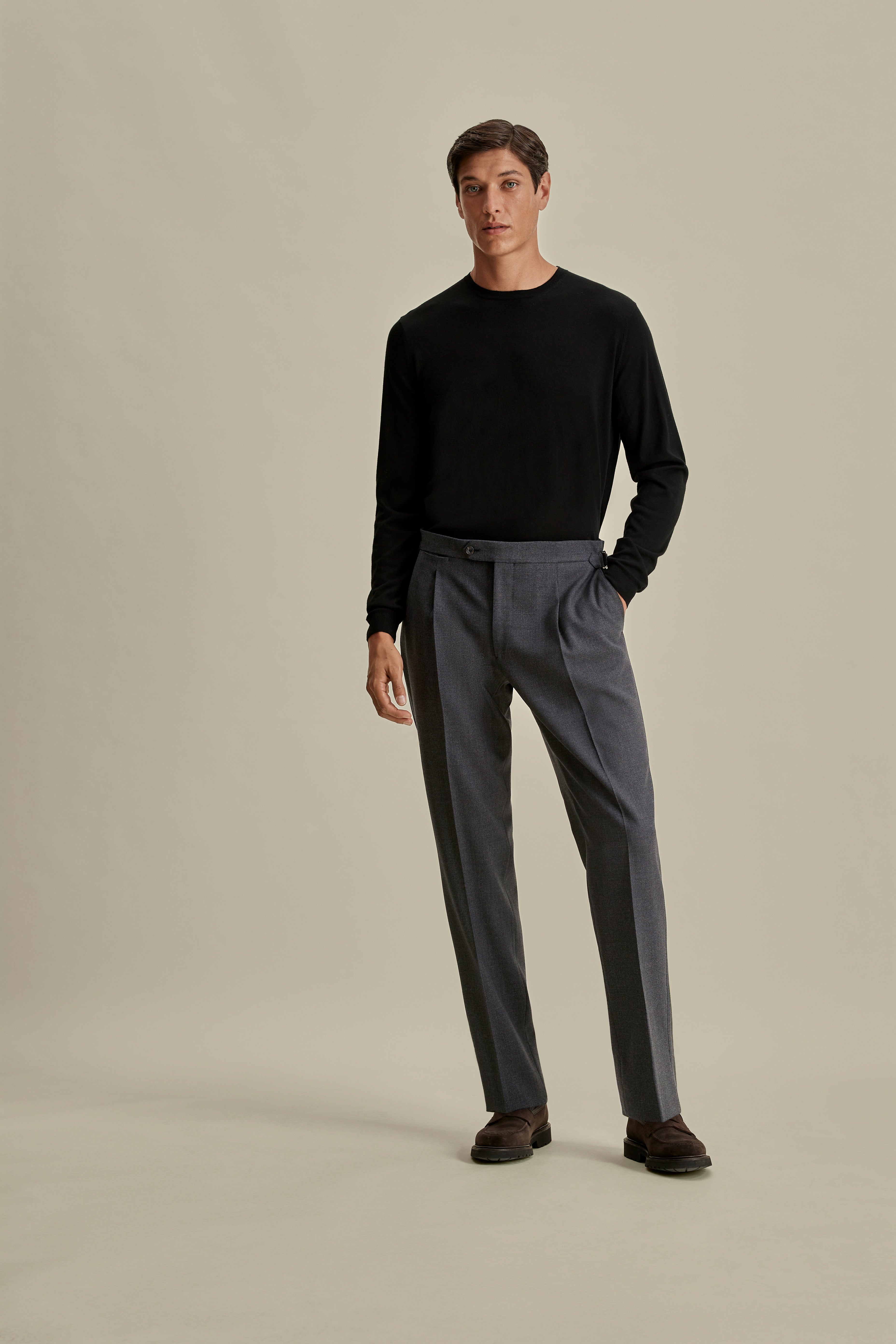 Wool Single Pleat Tailored Trousers Charcoal Model Image