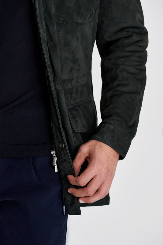 Cashmere Lined Suede Safari Jacket Darkest Green Model Zip Image