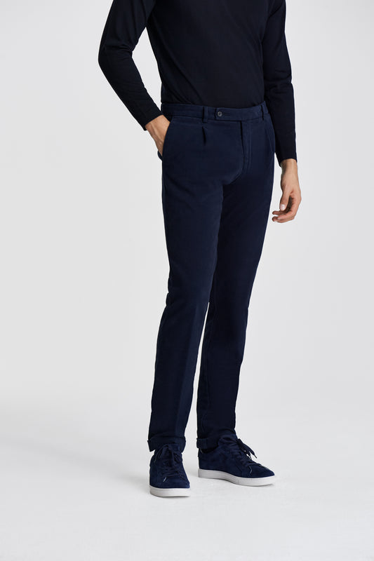 Cotton Single Pleat Chinos Navy Model Cropped Image