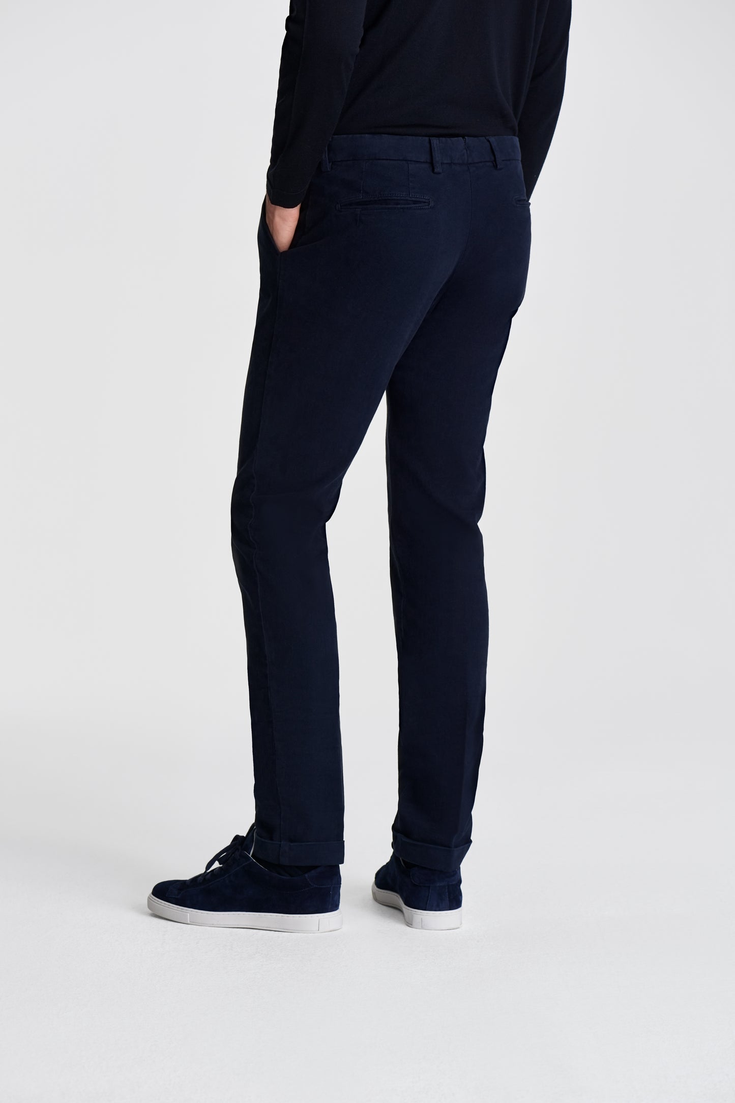 Cotton Single Pleat Chinos Navy Model Cropped Back Image