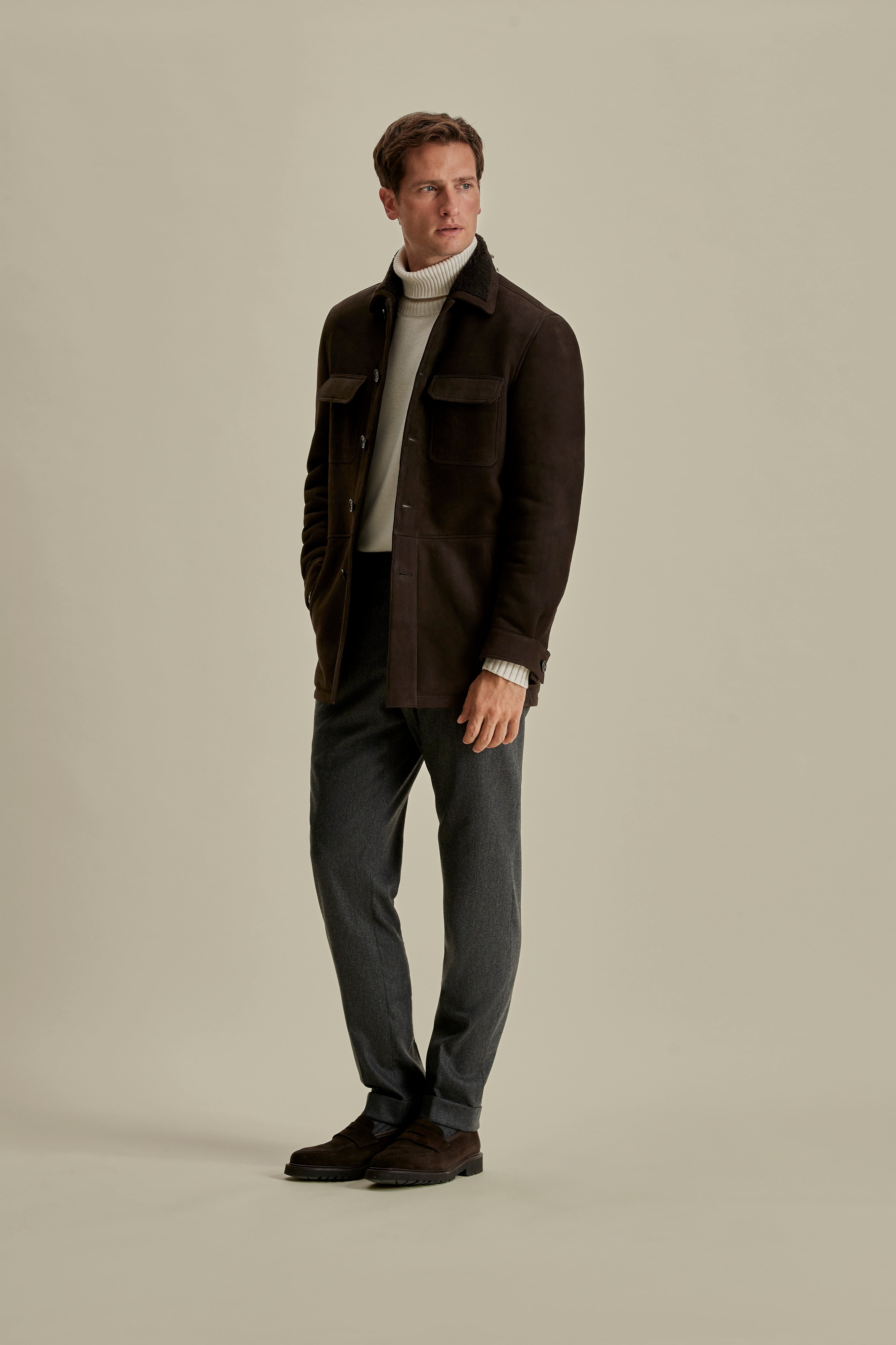 Suede Shearling Button Through Jacket Dark Brown Model Image