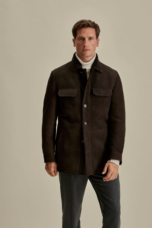 Suede Shearling Button Through Jacket Dark Brown Model Cropped Image