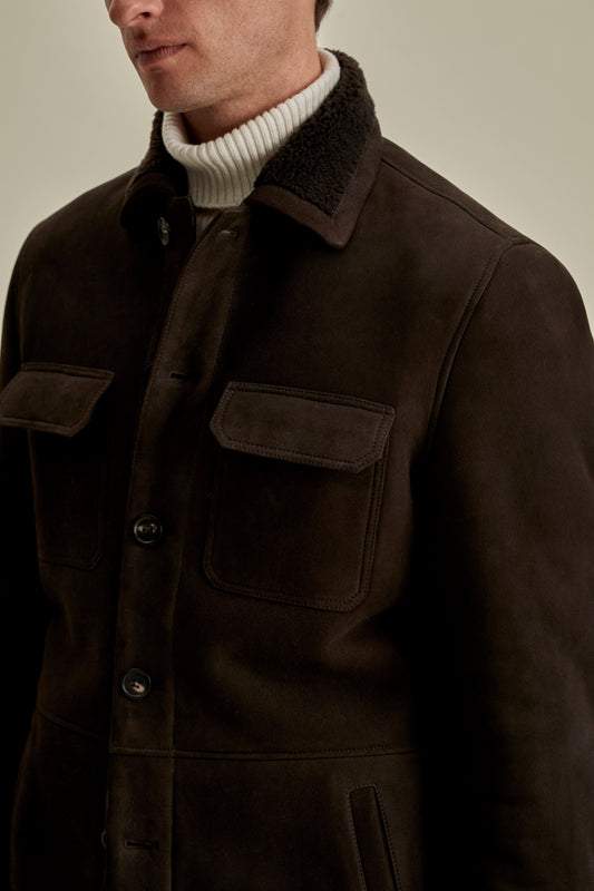 Suede Shearling Button Through Jacket Dark Brown Model Collar Image