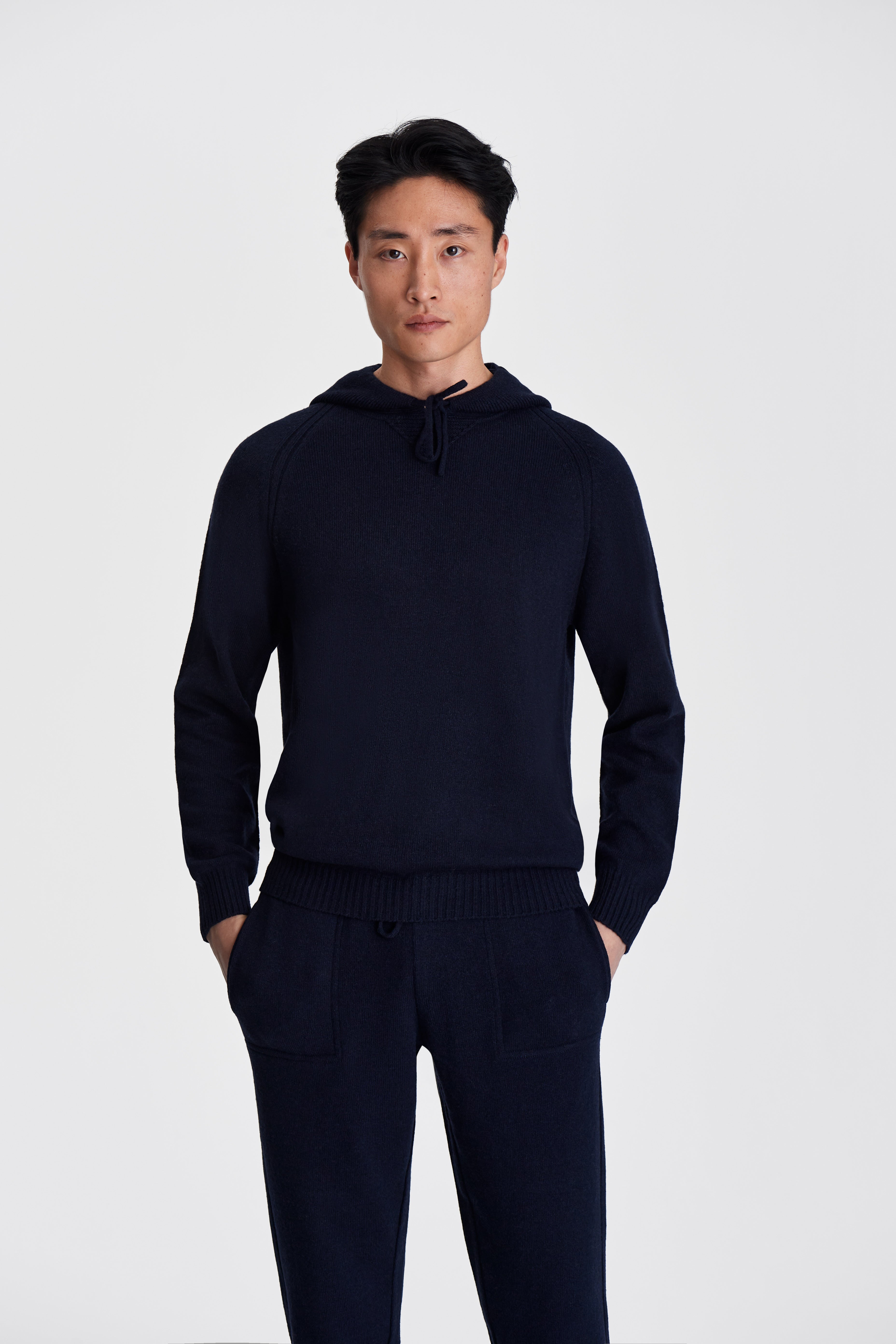 Cashmere Pullover Hoodie Navy Model Cropped Close Image