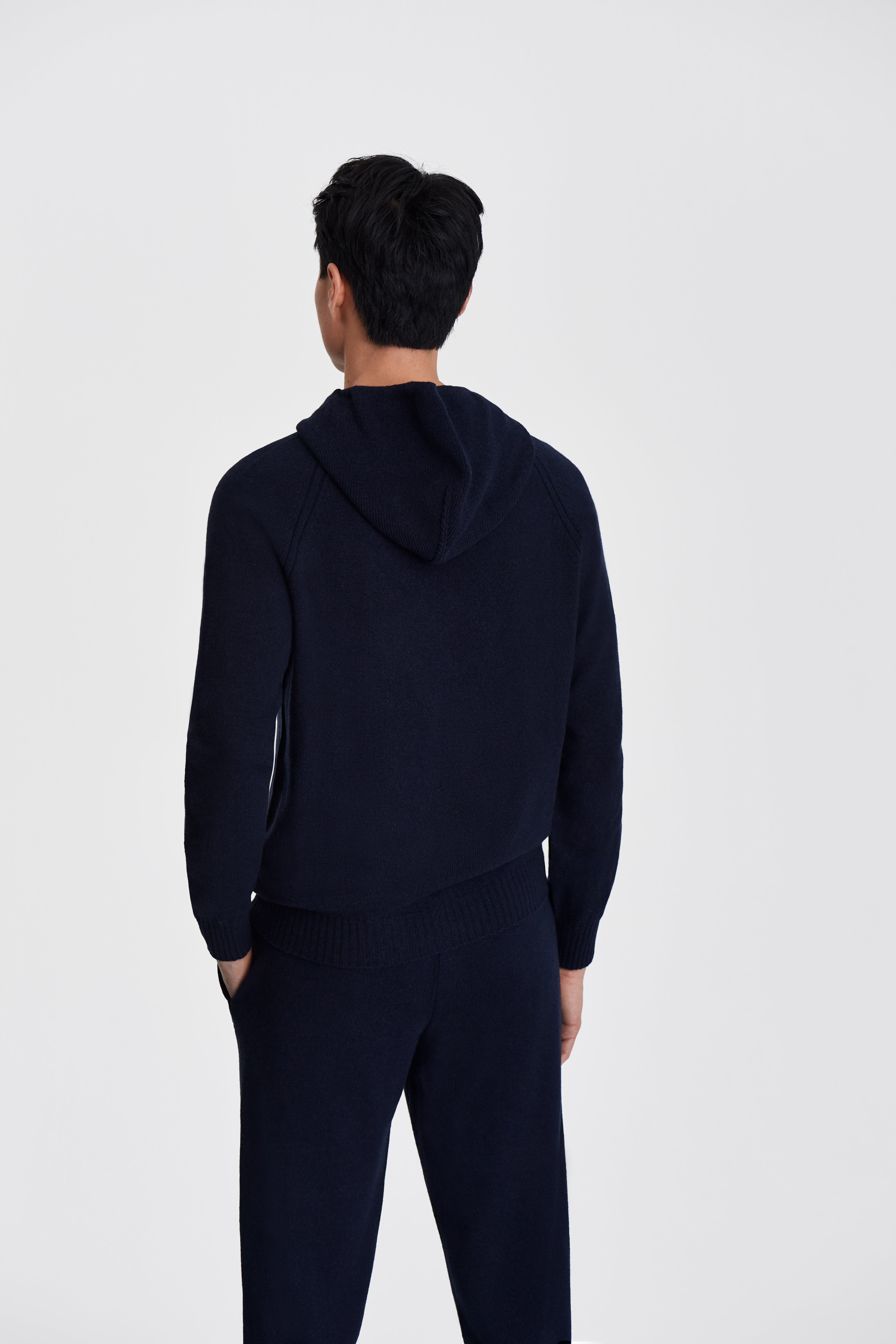 Cashmere Pullover Hoodie Navy Model Cropped Back Image