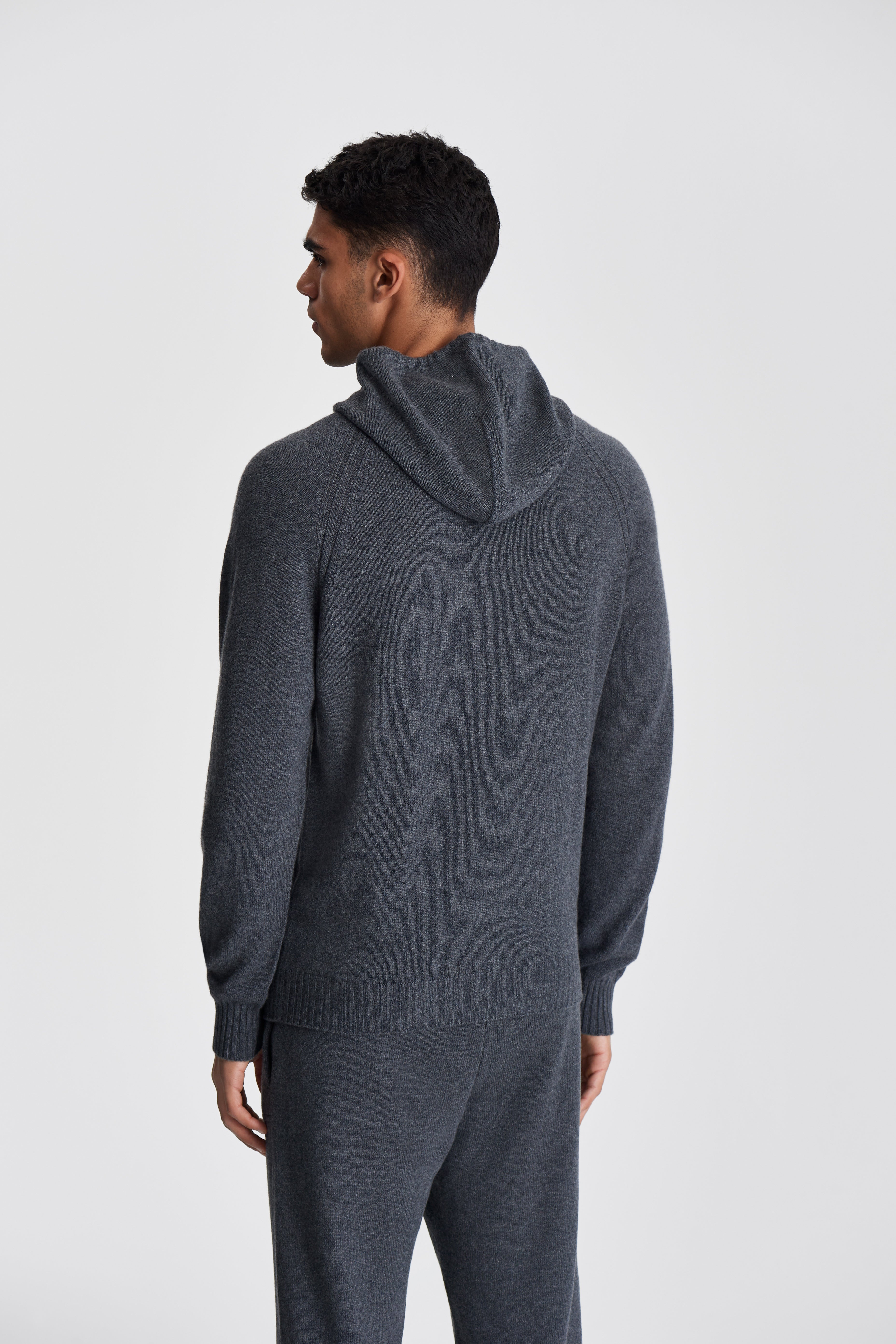 Cashmere Pullover Hoodie Grey Model Cropped Back Image