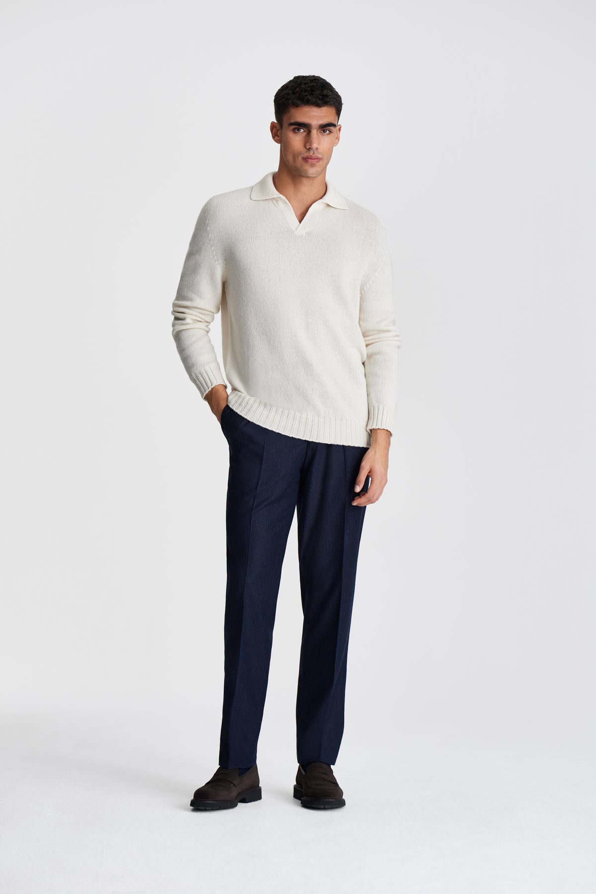 Cashmere Long Sleeve Skipper Polo Shirt Off White Model Image