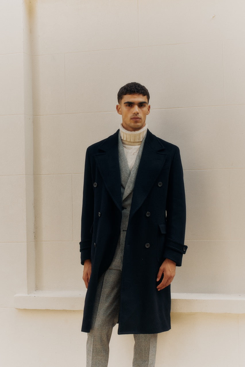 Cashmere Unstructured Double Breasted Overcoat Navy Campaign Image