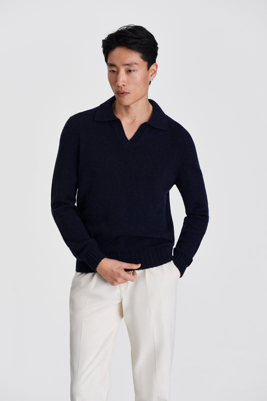 Cashmere Long Sleeve Skipper Polo Shirt Navy Model Cropped Image