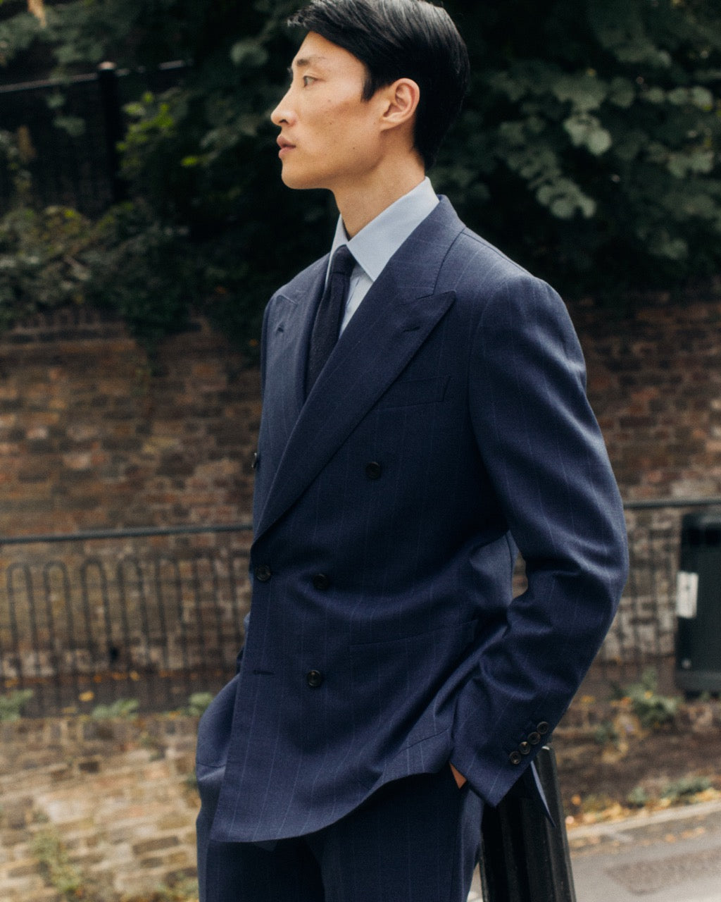 Wool Double Breasted Pin Stripe Suit Navy Campaign Image