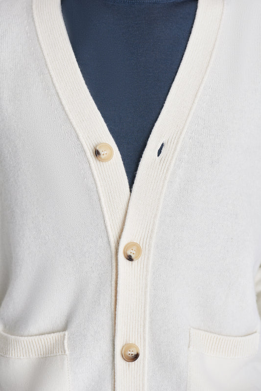 Wool Cashmere Lightweight Cardigan White Model Buttons Image