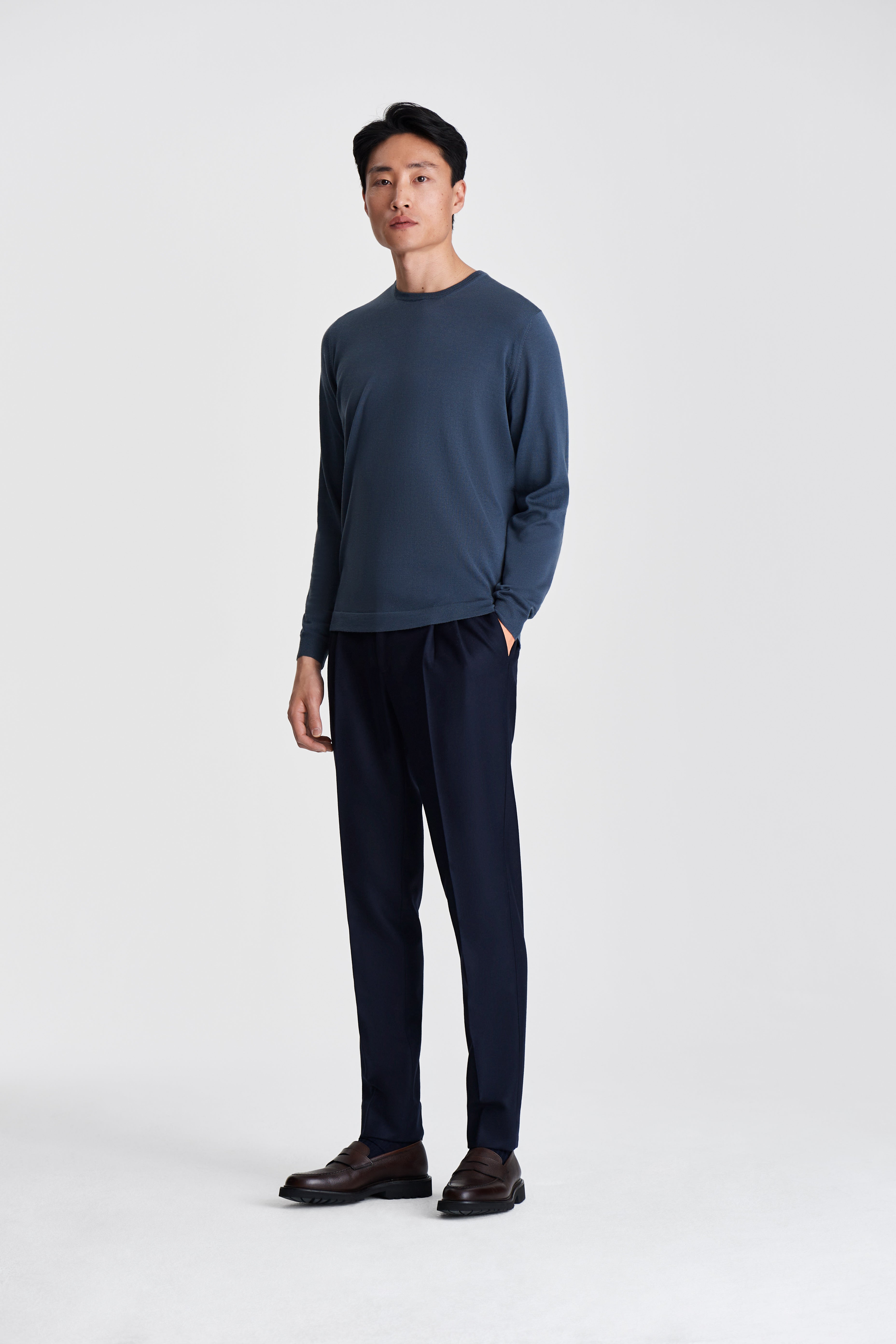 Merino Wool Extrafine Crew Neck Sweater Slate Blue Model Image