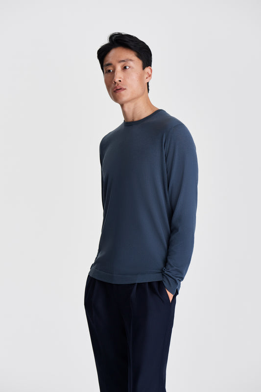 Merino Wool Extrafine Crew Neck Sweater Slate Blue Model Cropped Image