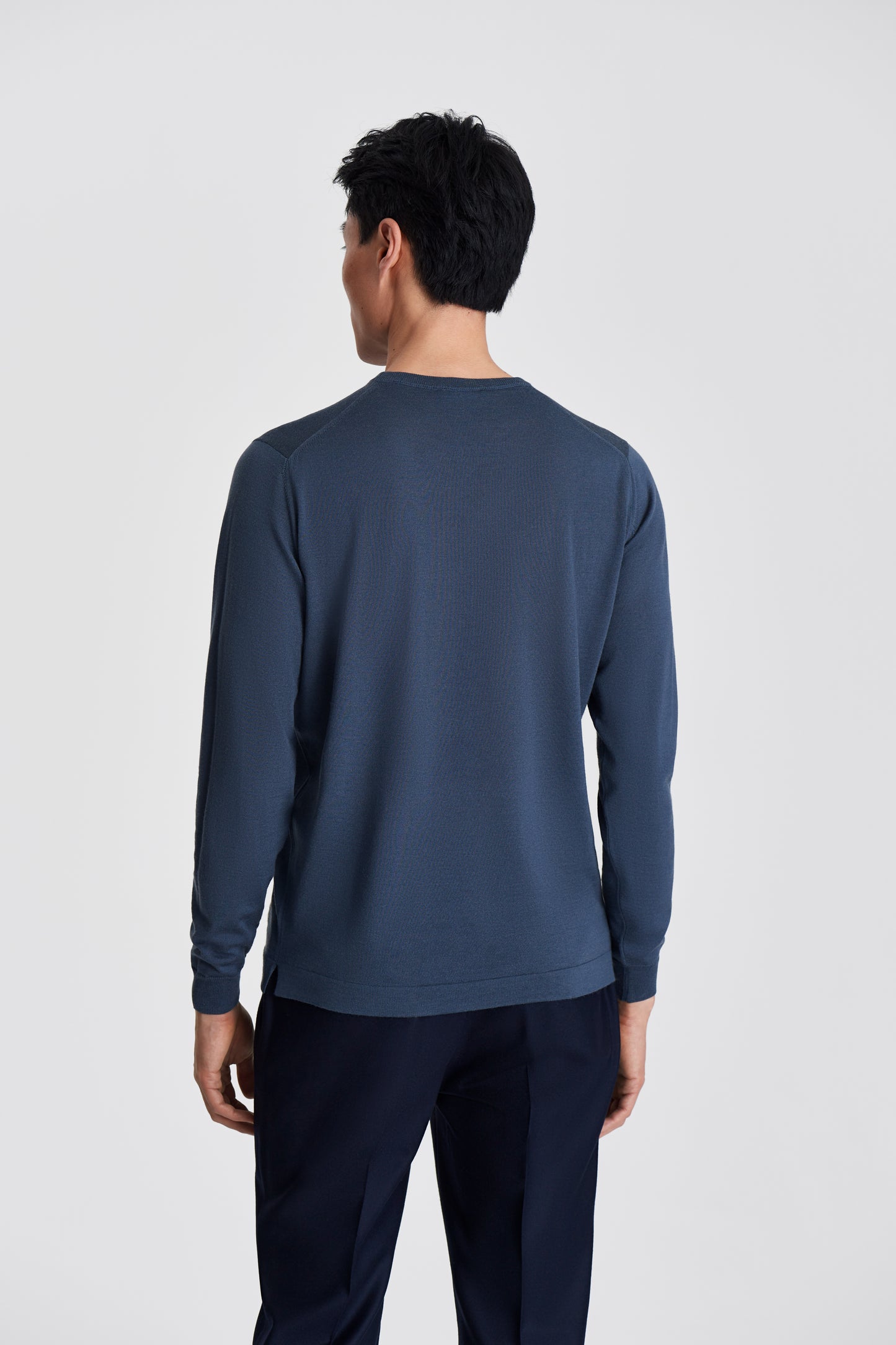 Merino Wool Extrafine Crew Neck Sweater Slate Blue Model Back Image