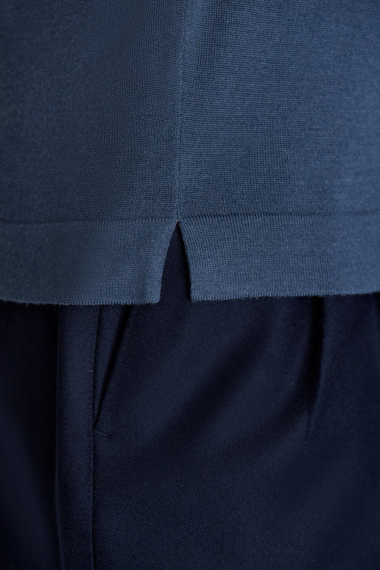 Merino Wool Extrafine Crew Neck Sweater Slate Blue Model Detail Image