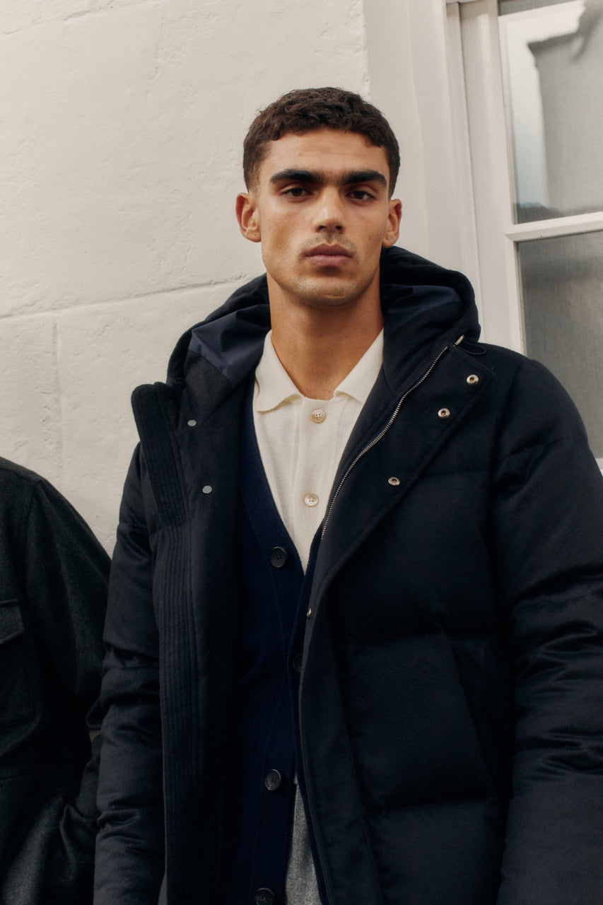 Cashmere Quilted Long Parka Navy Campaign Image
