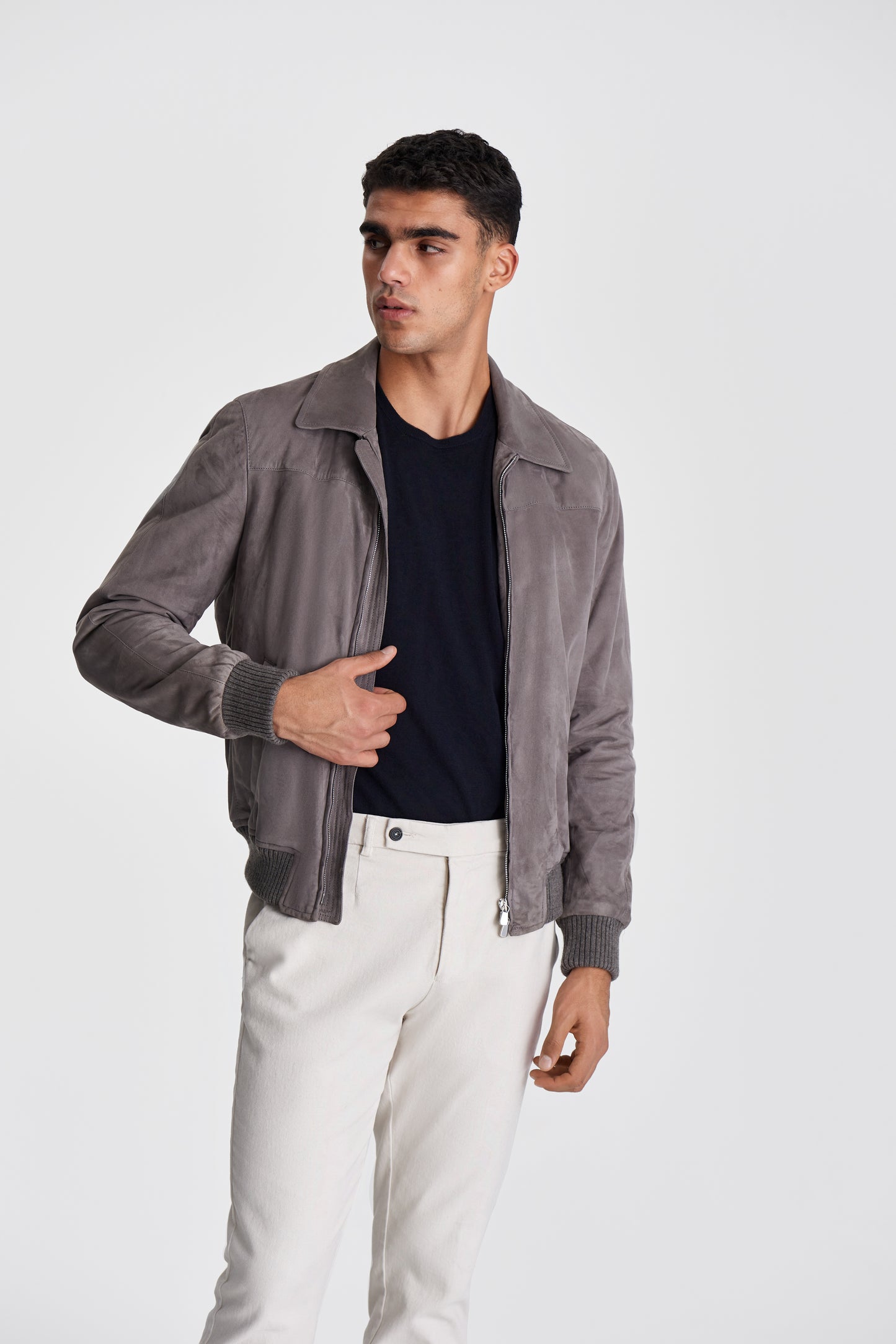 Suede Shirt Collar Jacket Grey Model Cropped Open Image