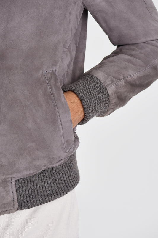Suede Shirt Collar Jacket Grey Model Pocket Image