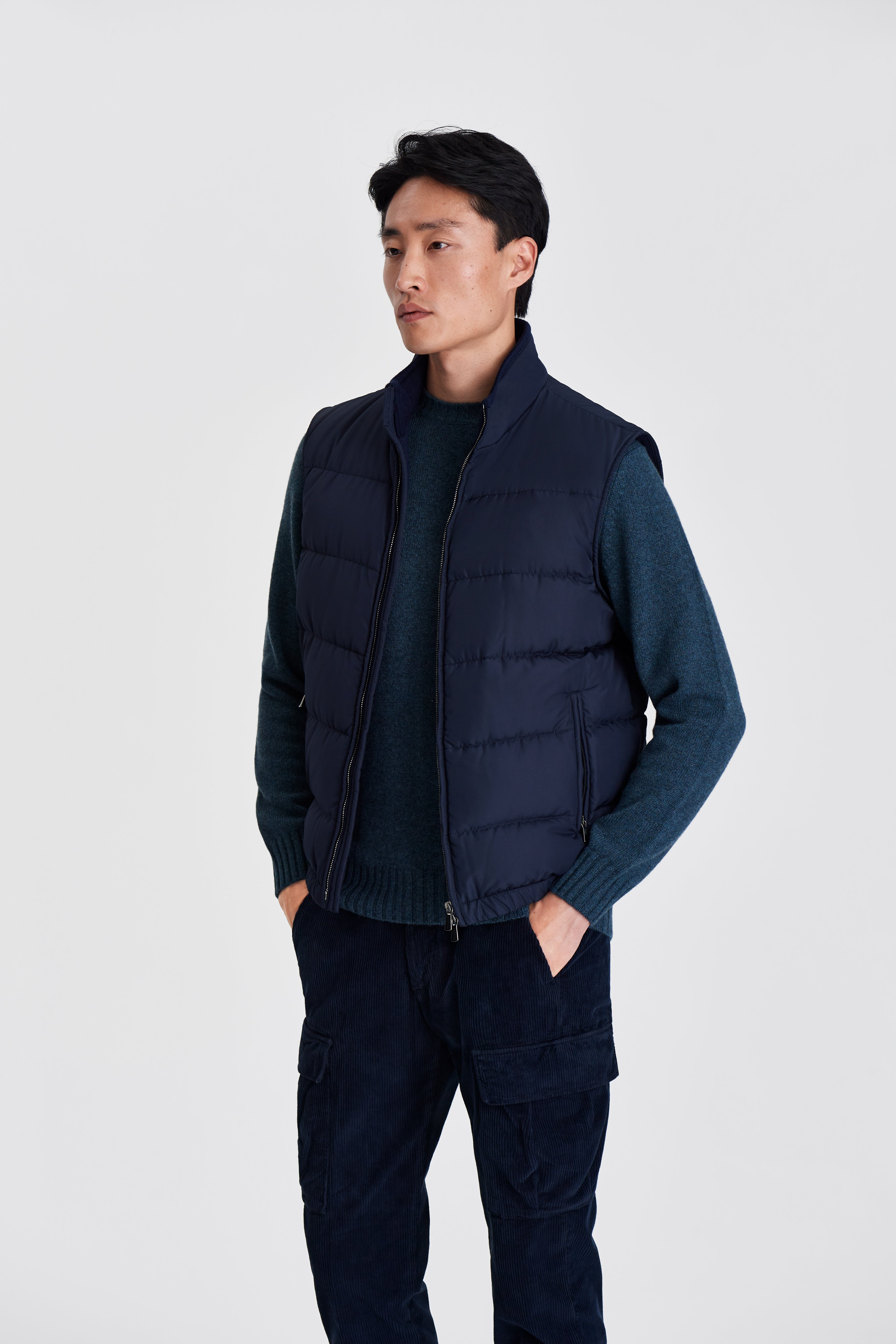 Down Lined Japanese Nylon Gilet Navy Model Cropped Image