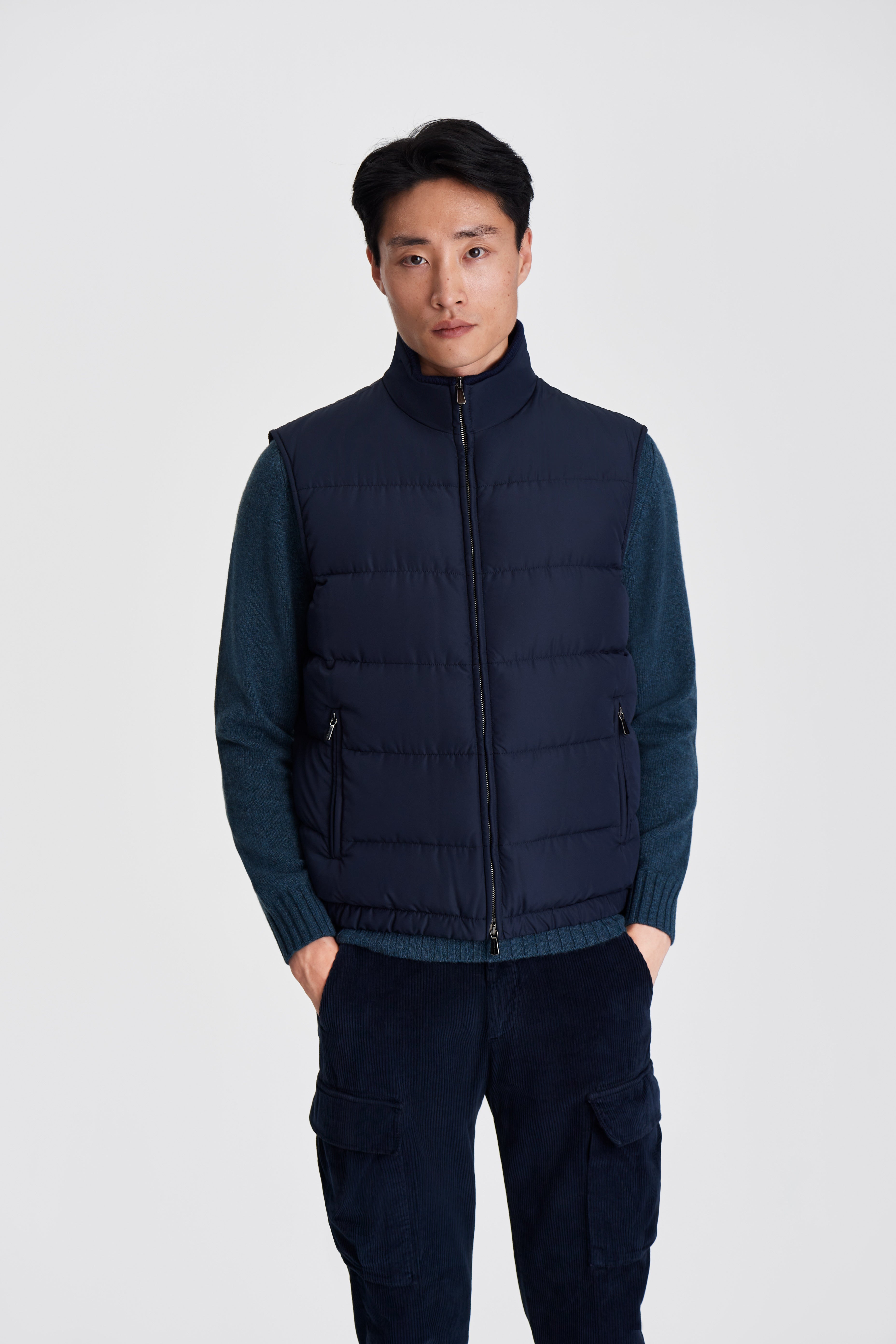 Down Lined Japanese Nylon Gilet Navy Model Cropped Closed Image