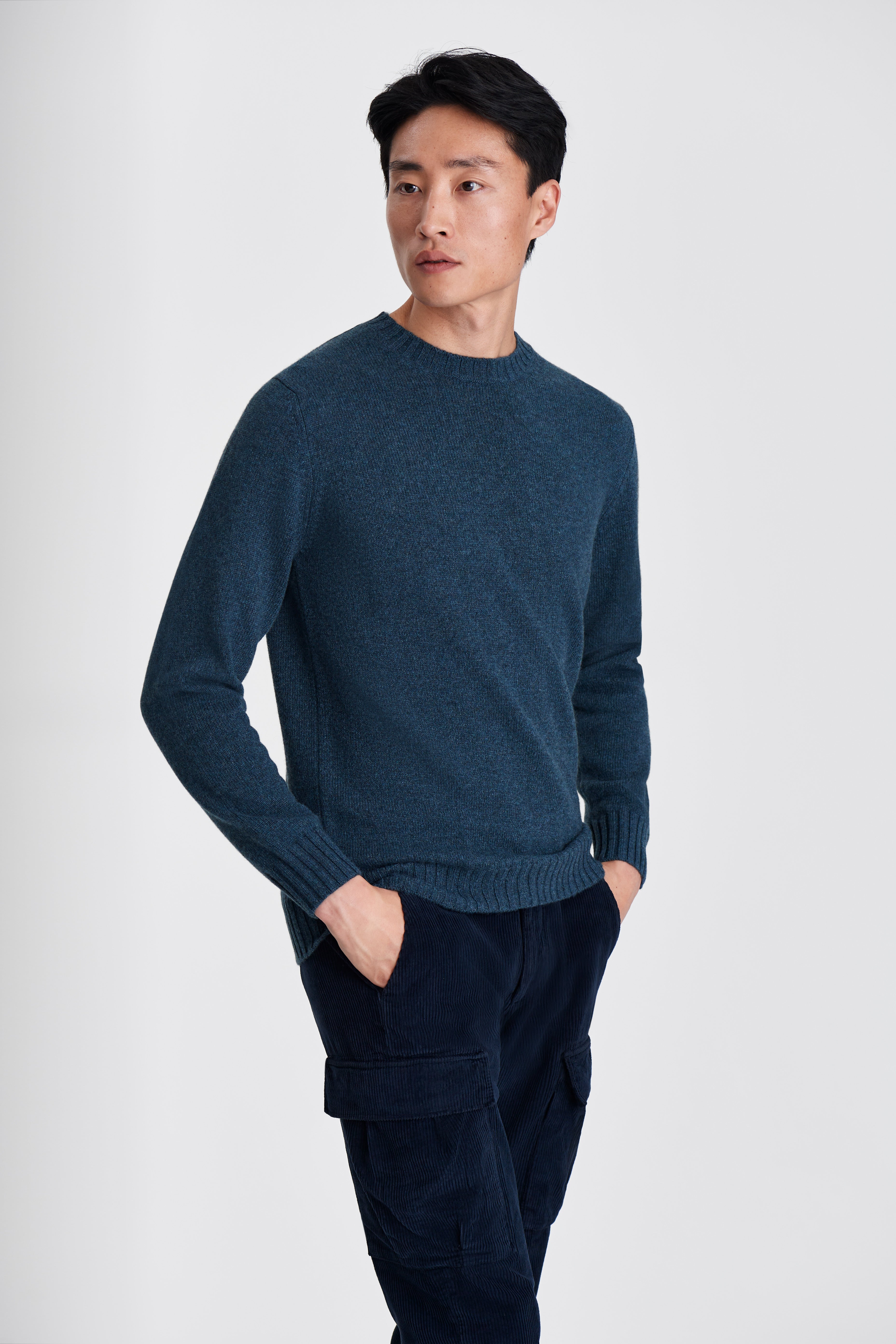 Cashmere Crew Neck Sweater Moss Blue Model Cropped Image