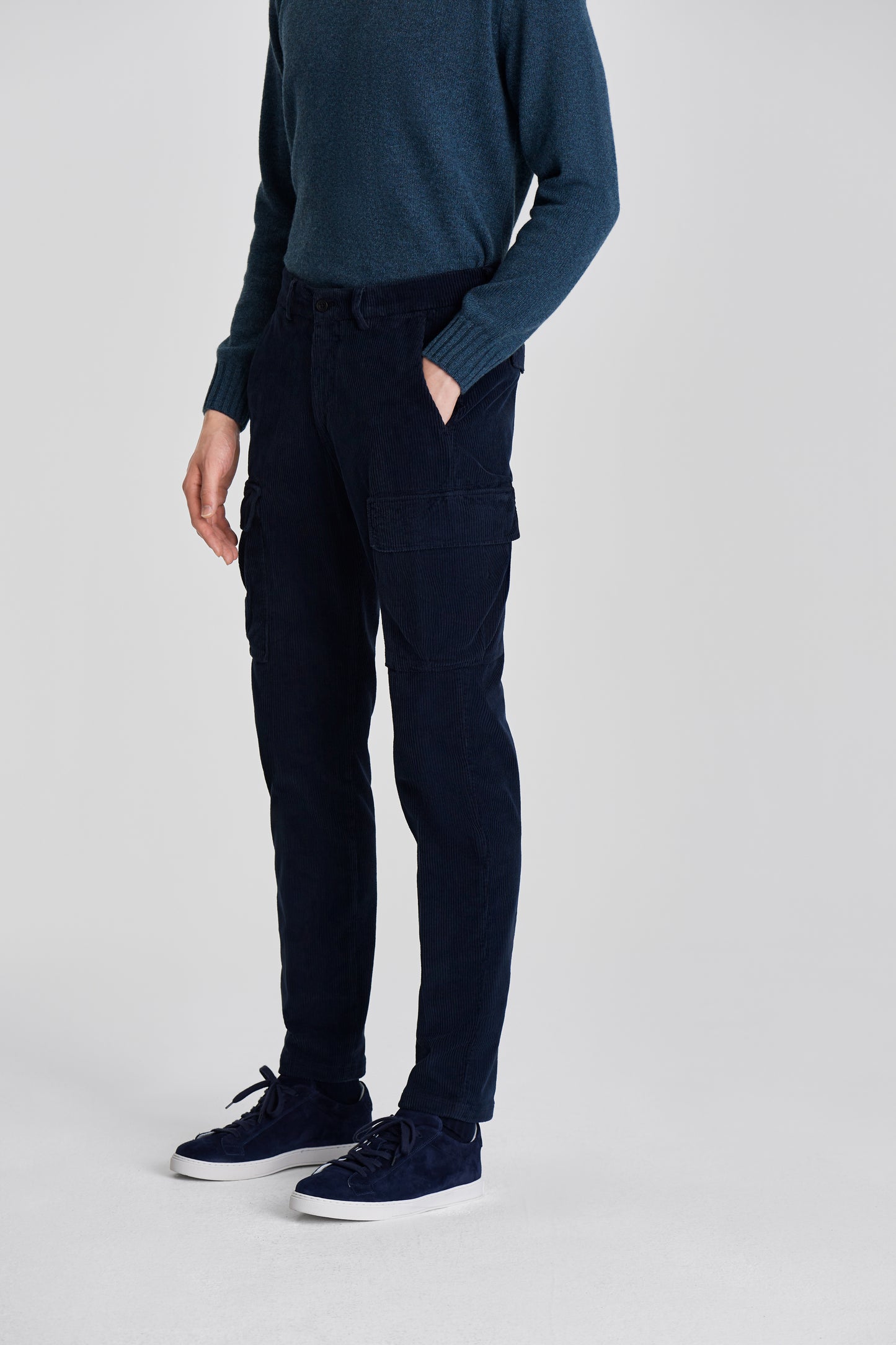 Corduroy Cargo Trousers Navy Model Cropped Image