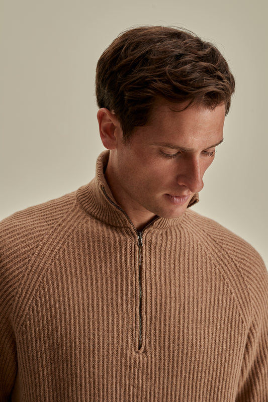 Cashmere Half-Zip Sweater Camel Model Neck Image