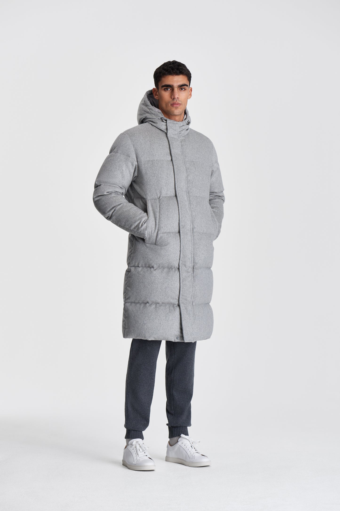 Cashmere Quilted Long Parka Grey Model Image