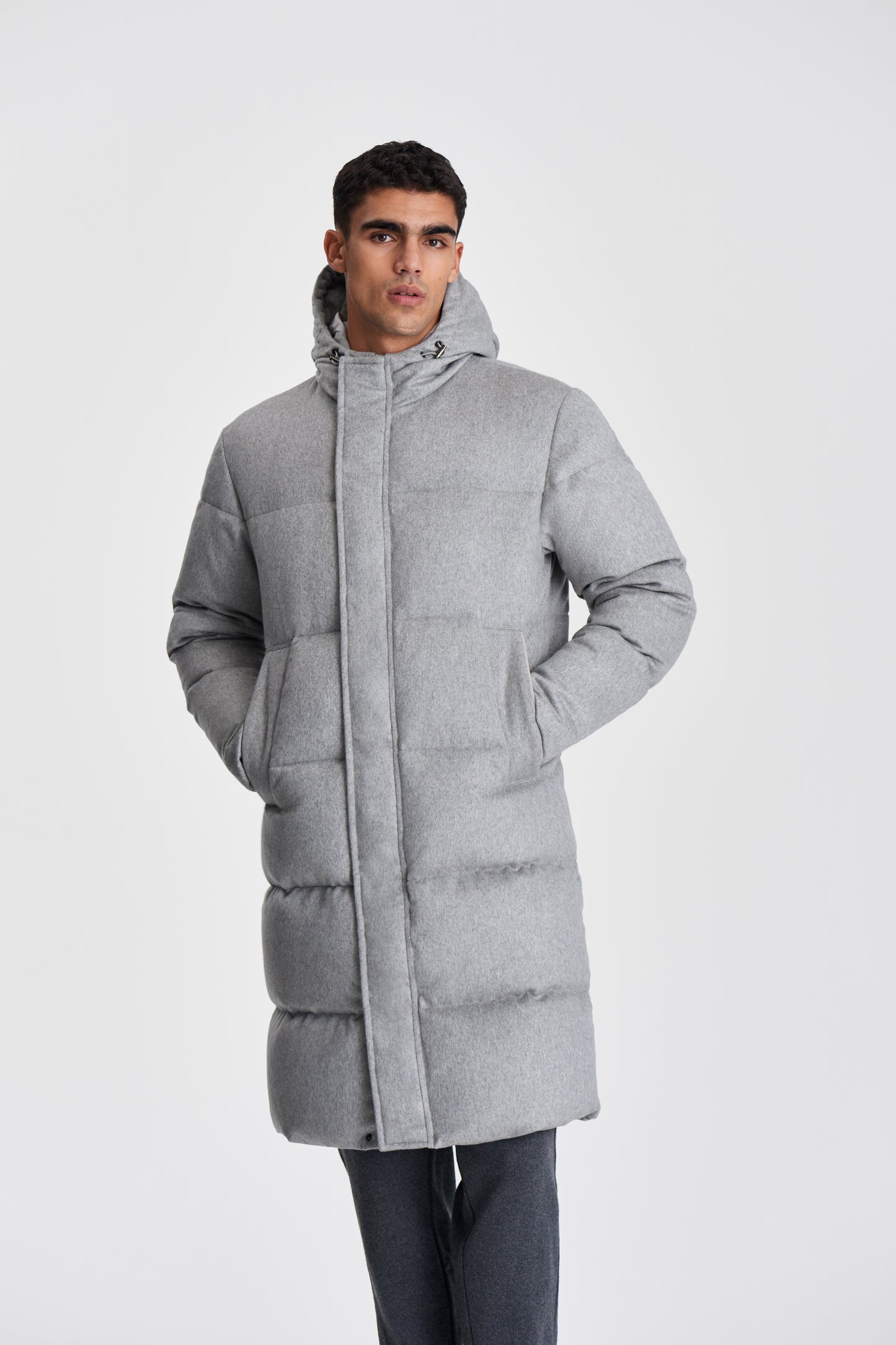 Cashmere Quilted Long Parka Grey Model Cropped Image