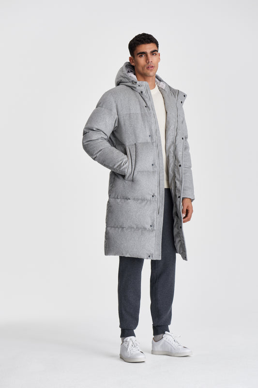 Cashmere Quilted Long Parka Grey Model Open Image