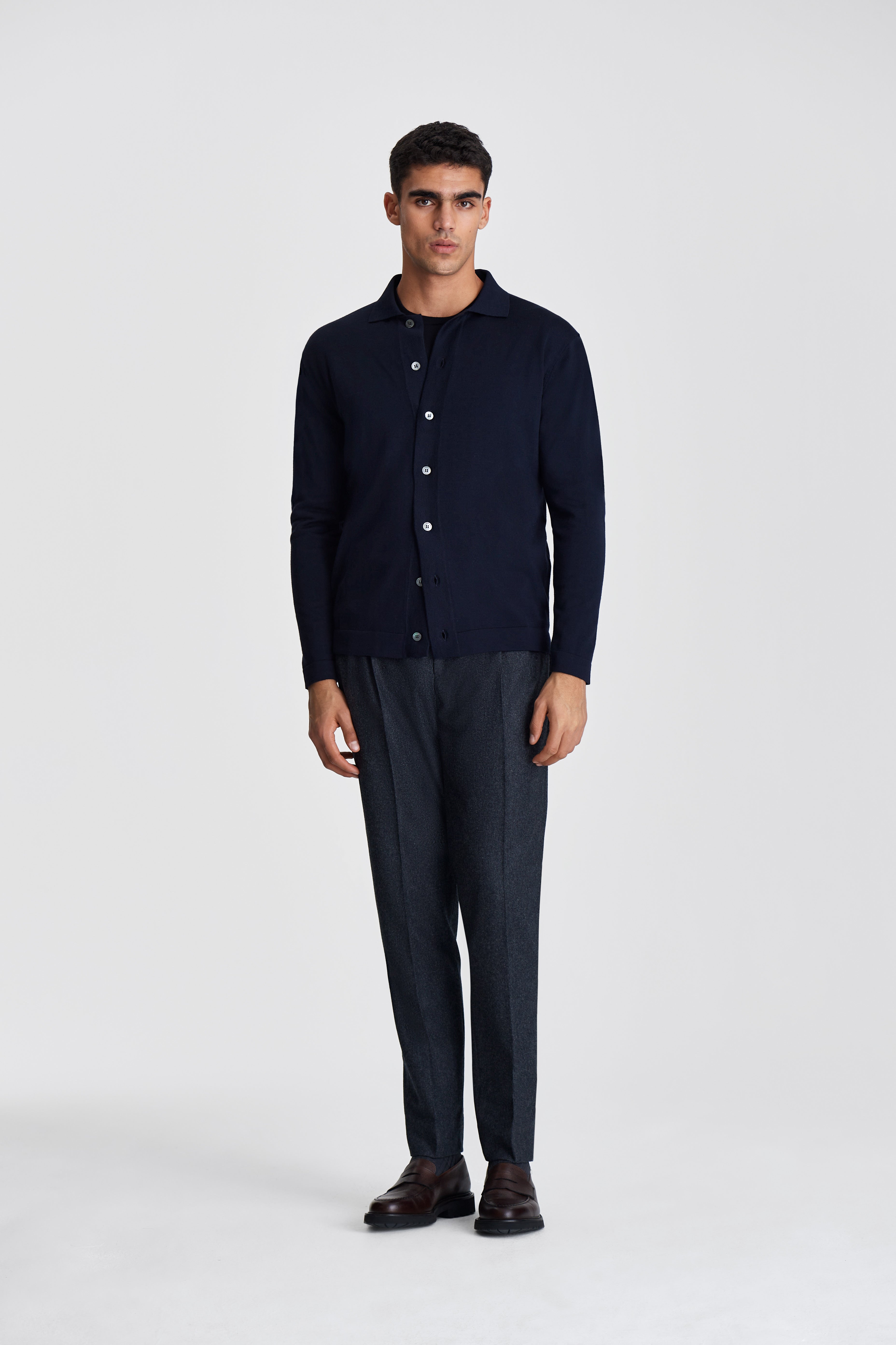 Merino Wool Extrafine Long Sleeve Button Through Polo Shirt Navy Model Image