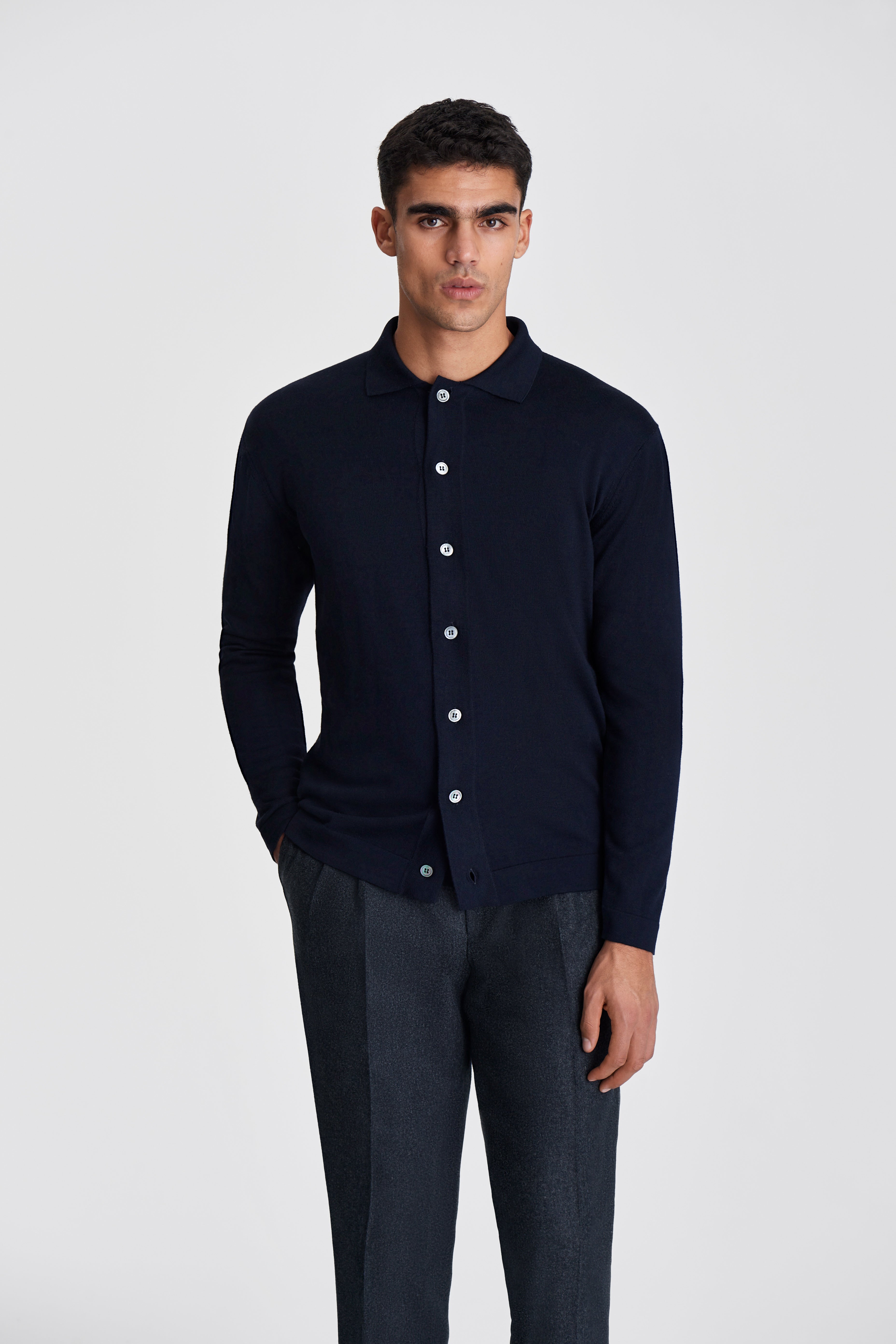Merino Wool Extrafine Long Sleeve Button Through Polo Shirt Navy Model Cropped Image