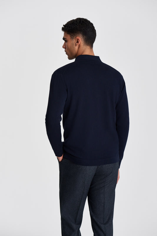 Merino Wool Extrafine Long Sleeve Button Through Polo Shirt Navy Model Back Image