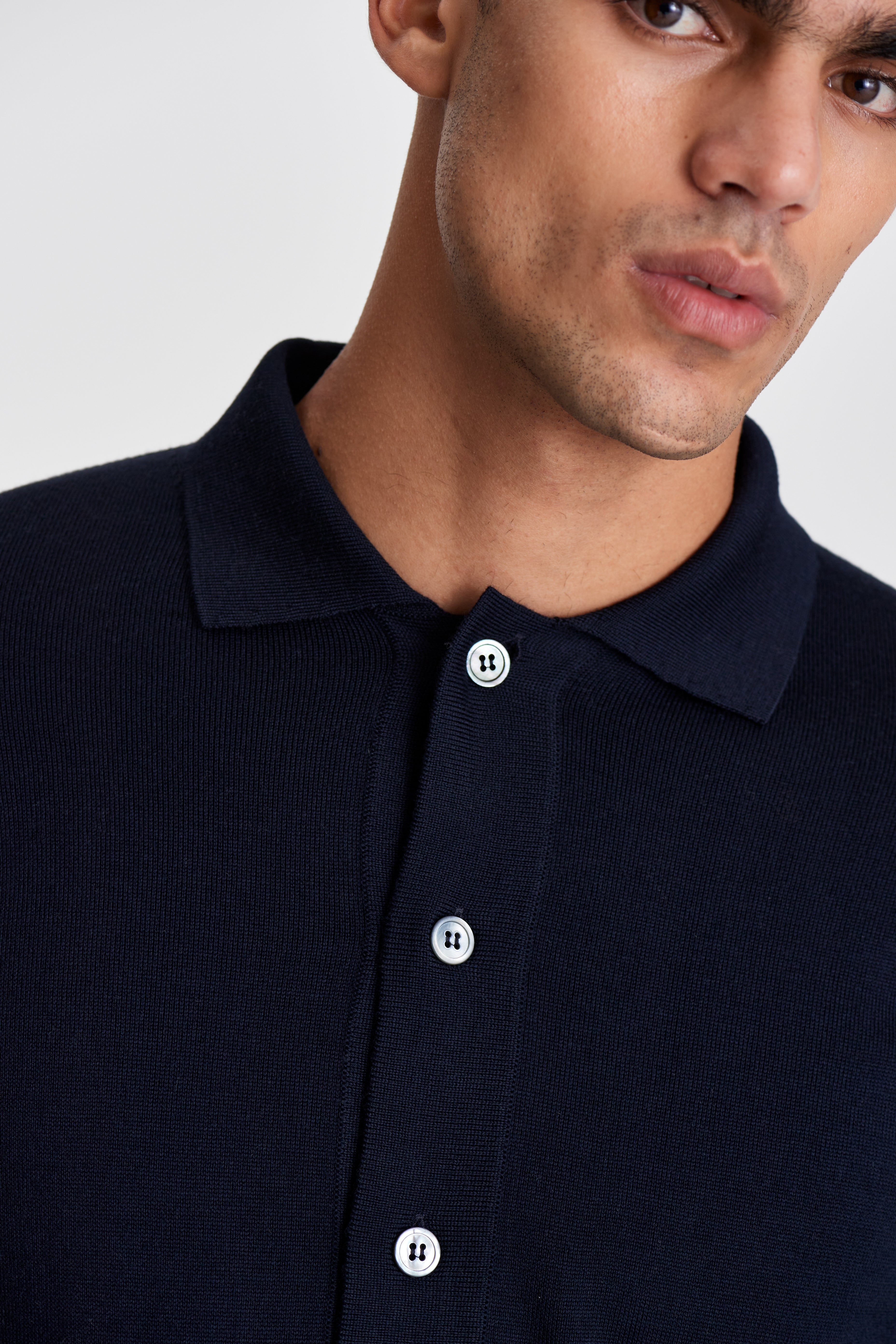Merino Wool Extrafine Long Sleeve Button Through Polo Shirt Navy Model Neck Image