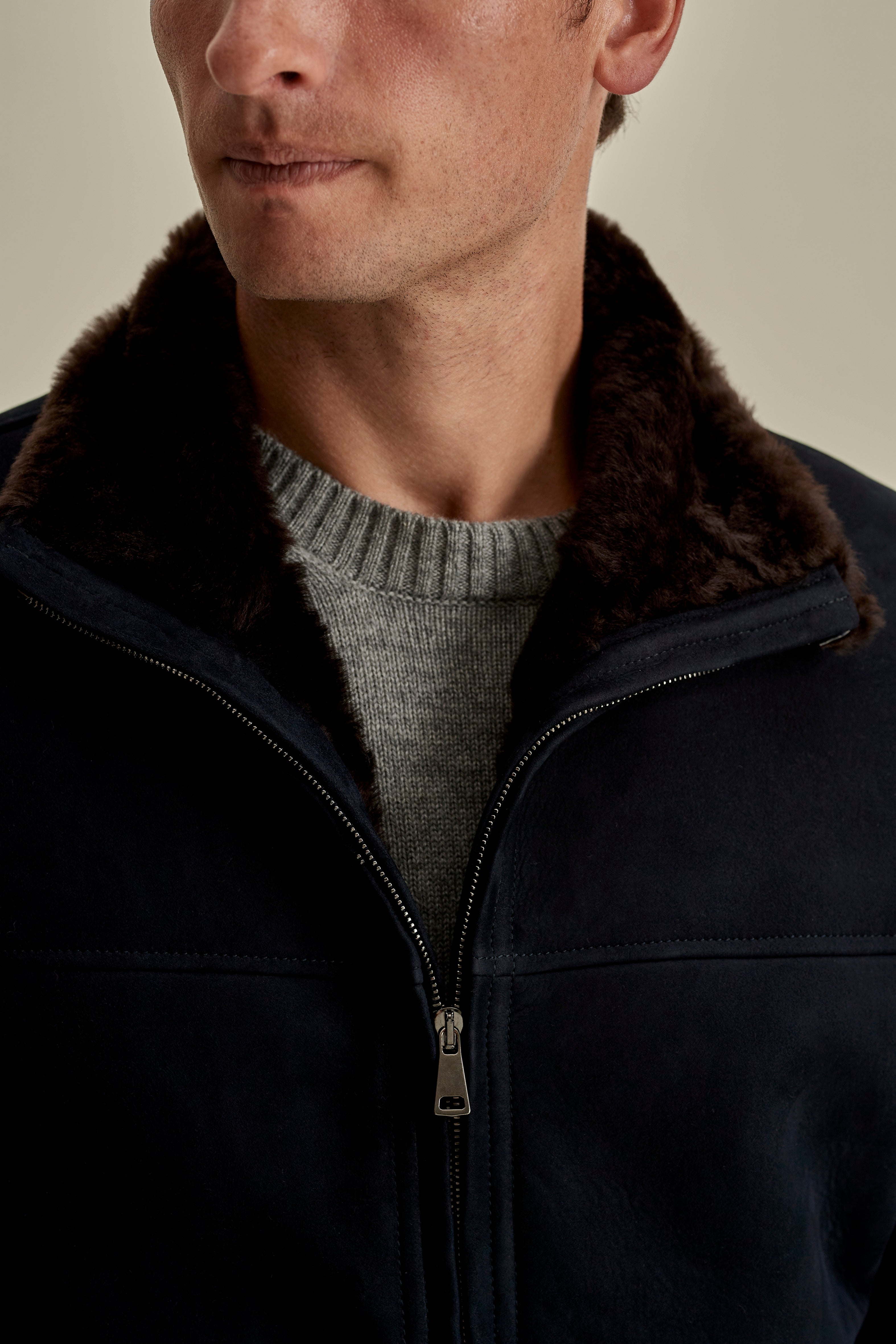 Suede Sheepskin Mock Collar Bomber Jacket Navy Model Collar Image