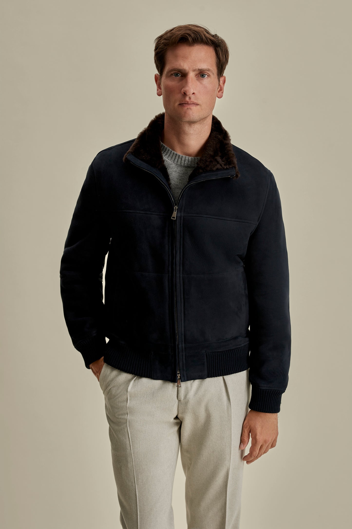 Suede Sheepskin Mock Collar Bomber Jacket Navy Model Cropped Image