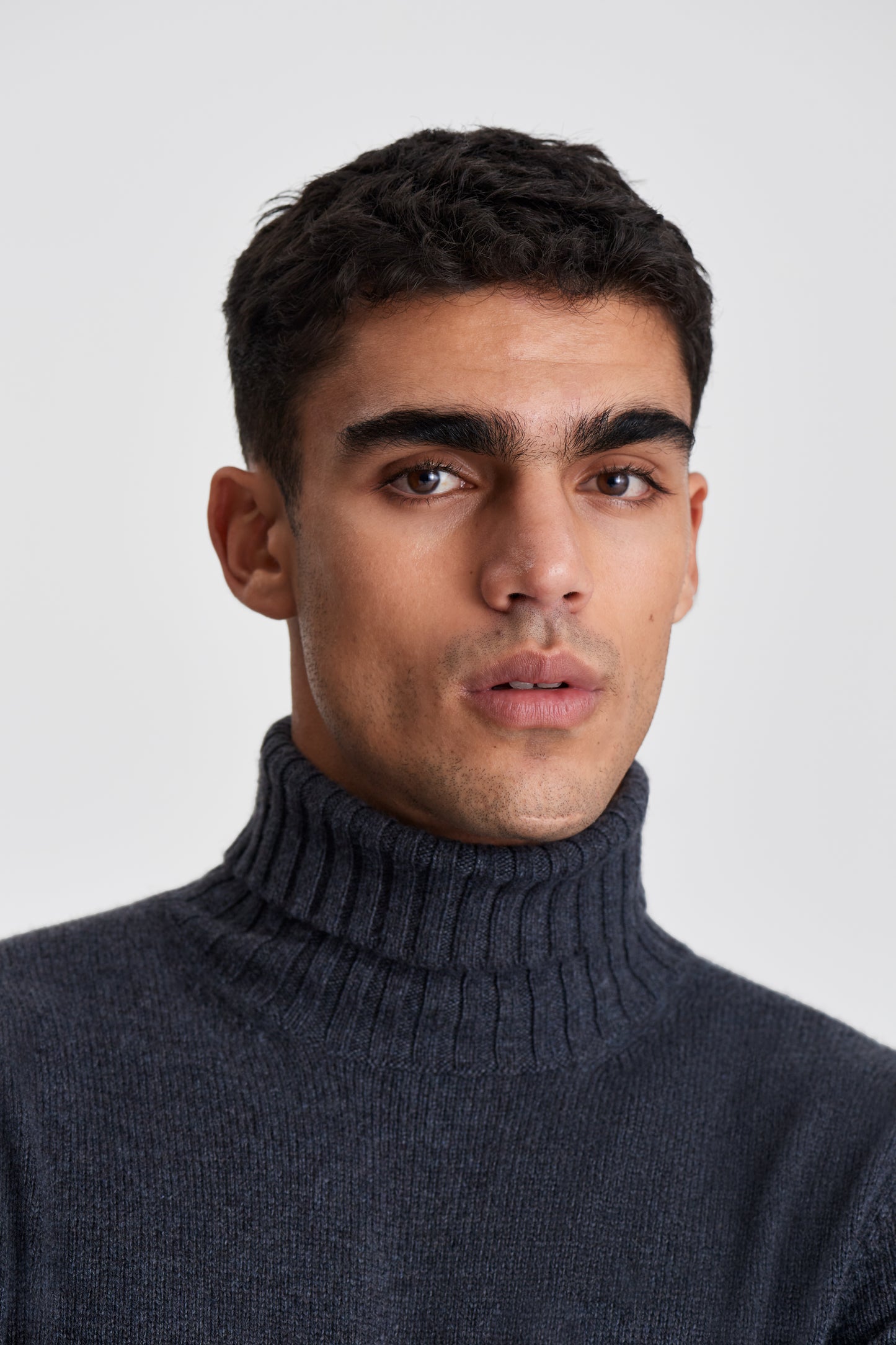 Cashmere Roll Neck Sweater Steel Grey Model Neck Image