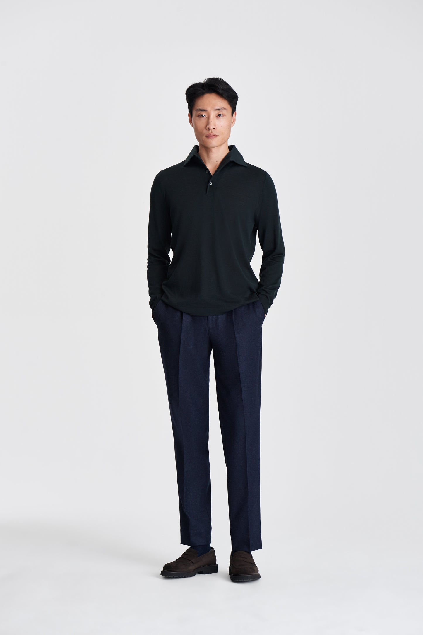 Merino Wool Extrafine Long Sleeve Polo Shirt Forrest Green Model Image