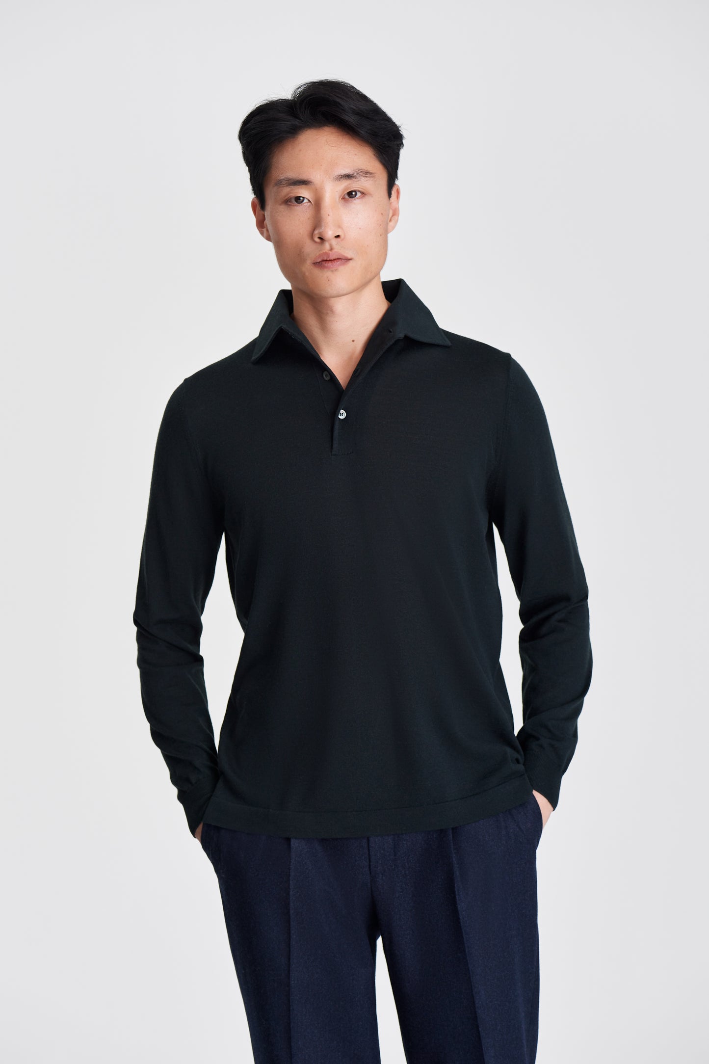 Merino Wool Extrafine Long Sleeve Polo Shirt Forrest Green Model Cropped Image