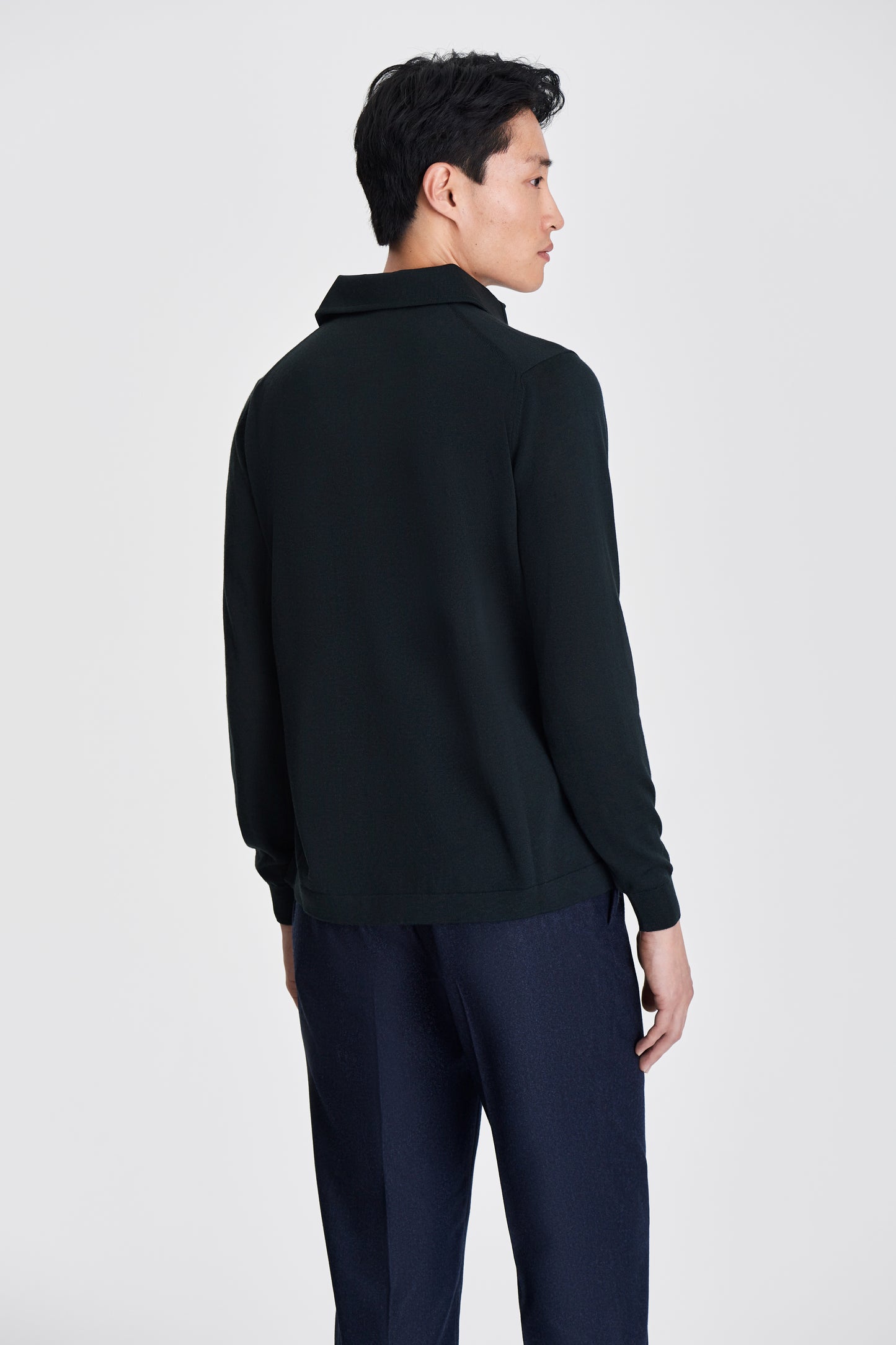 Merino Wool Extrafine Long Sleeve Polo Shirt Forrest Green Model Back Image