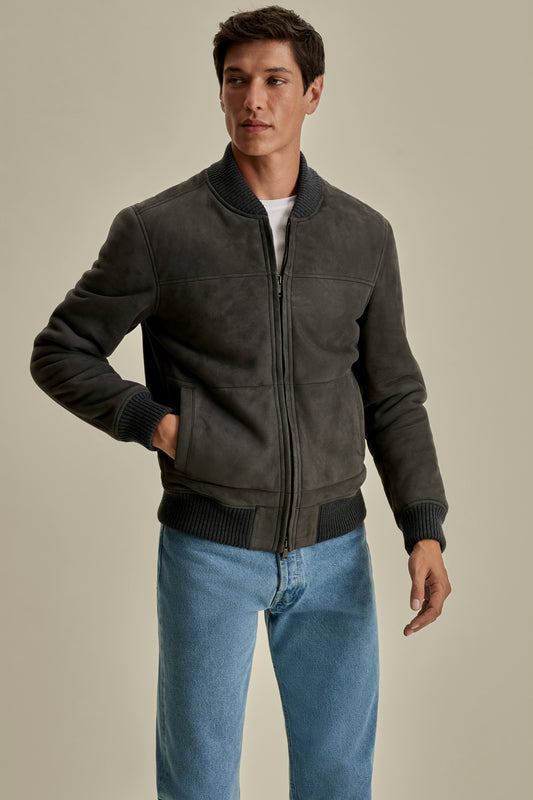 Suede Sheepskin Bomber Jacket Charcoal Model Cropped Image