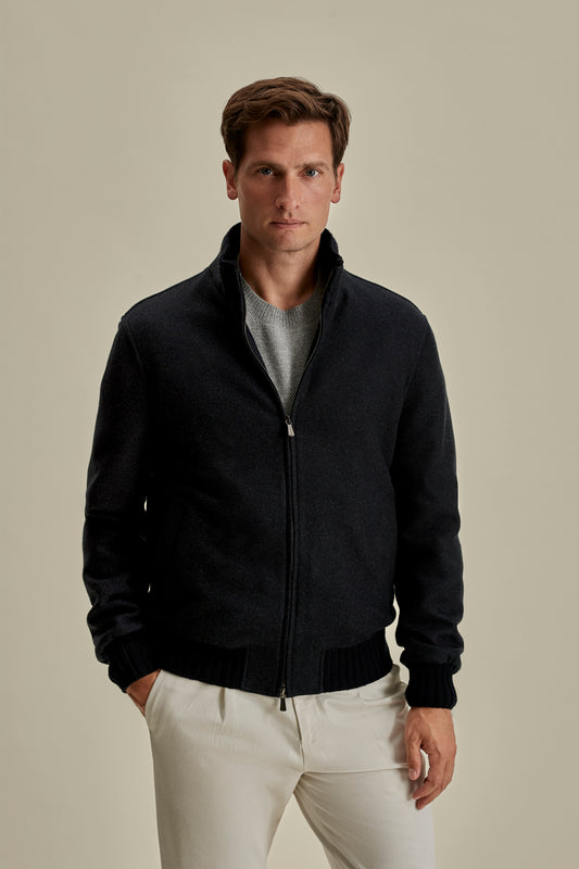 Cashmere Bomber Jacket Navy Model Cropped Image