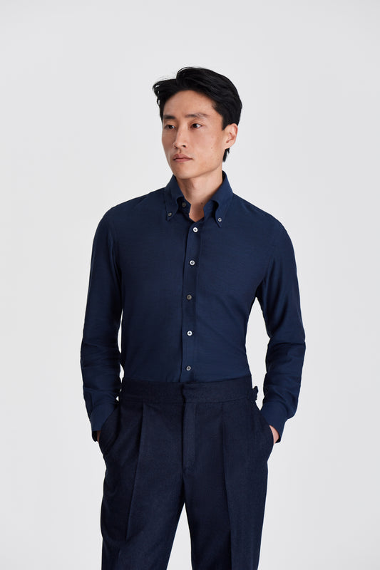 Cotton Cashmere Casual Button Down Oxford Shirt Navy Model Cropped Image