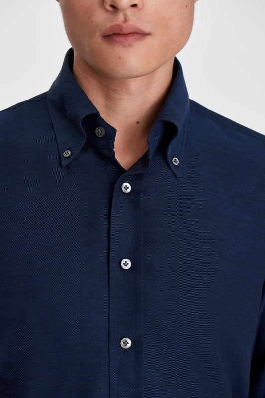 Cotton Cashmere Casual Button Down Oxford Shirt Navy Model Neck Image