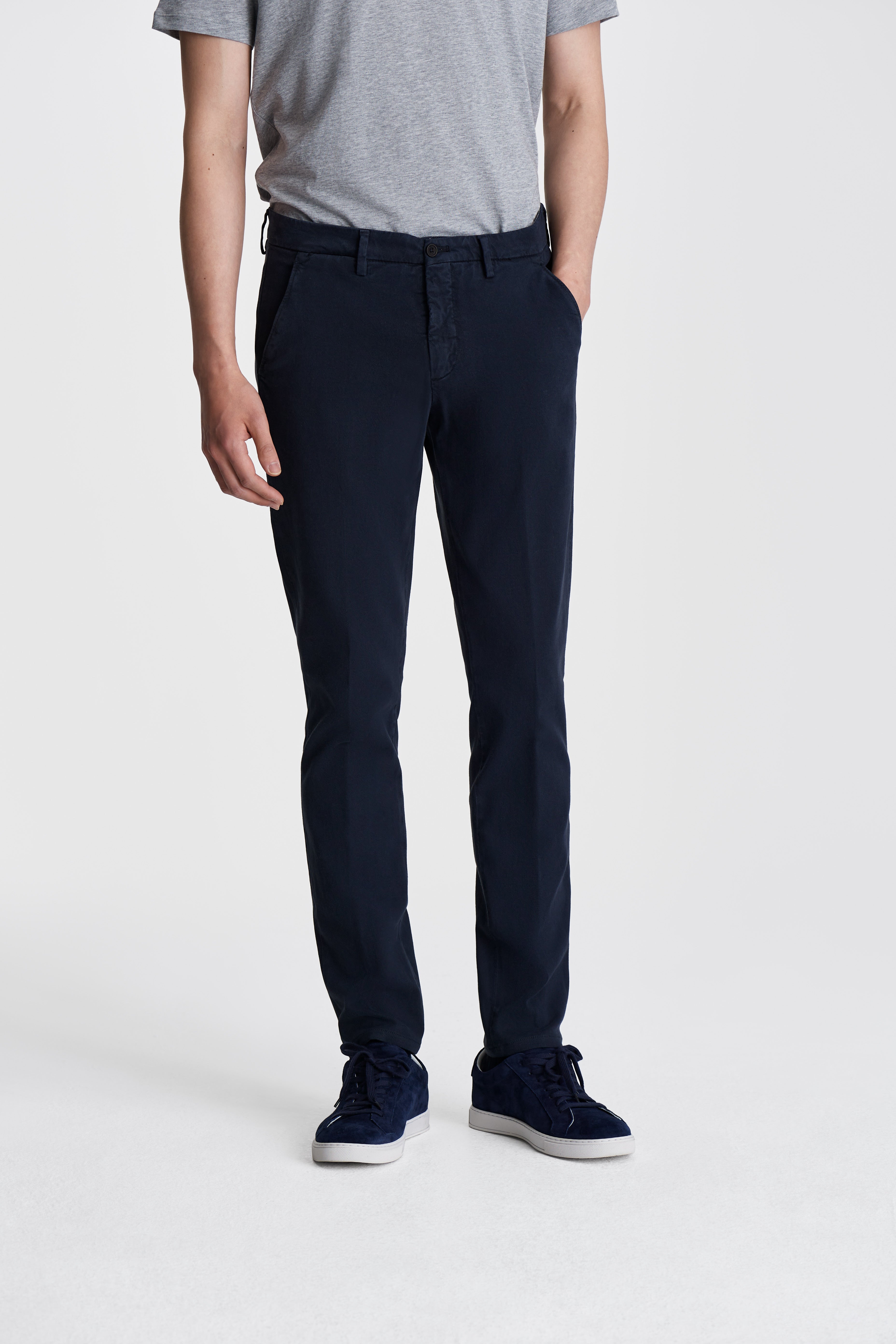 Cotton Flat Front Slim Fit Chinos Navy Model Cropped Image
