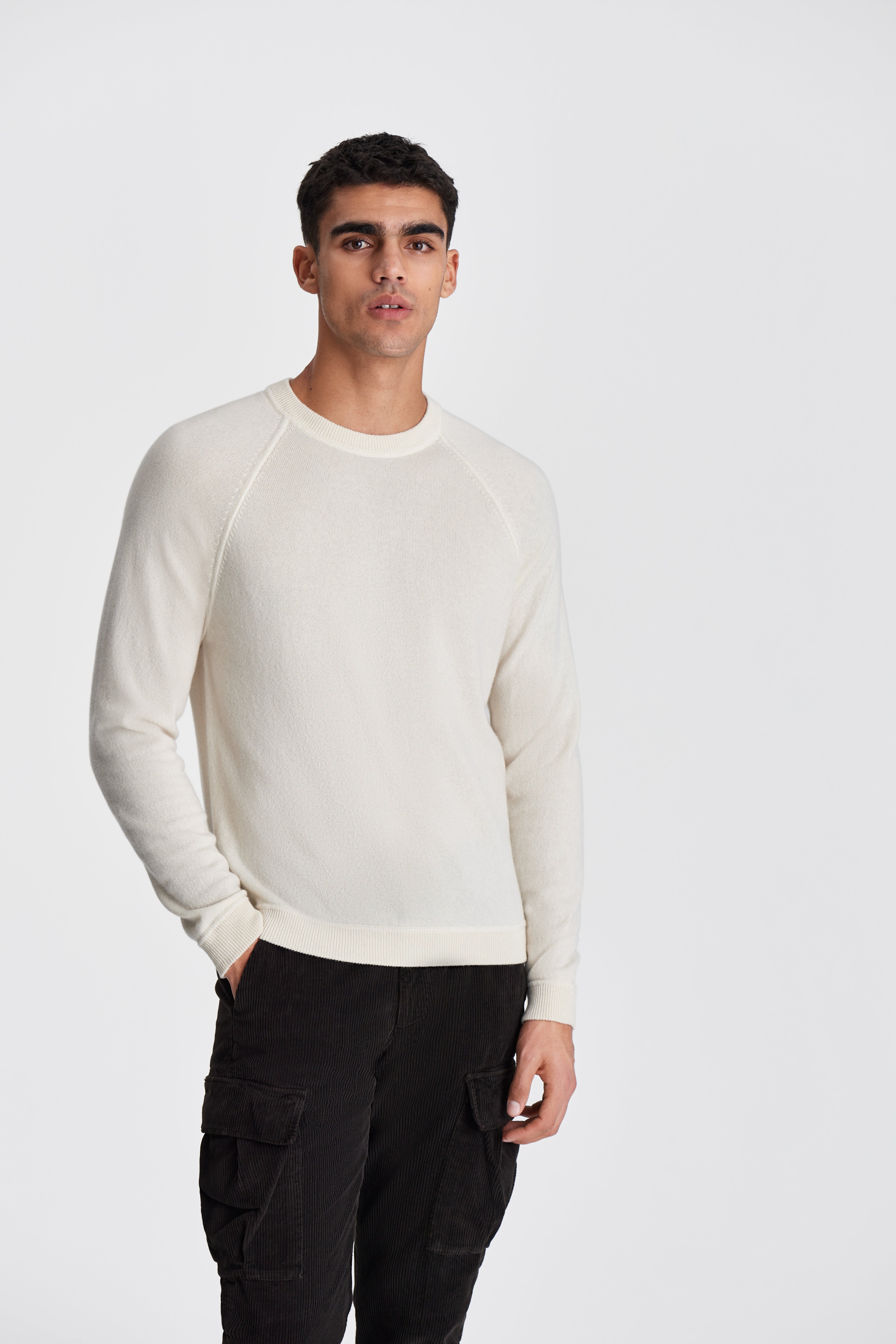 Wool Cashmere Raglan Crew Neck Sweater Off White Model Cropped Image