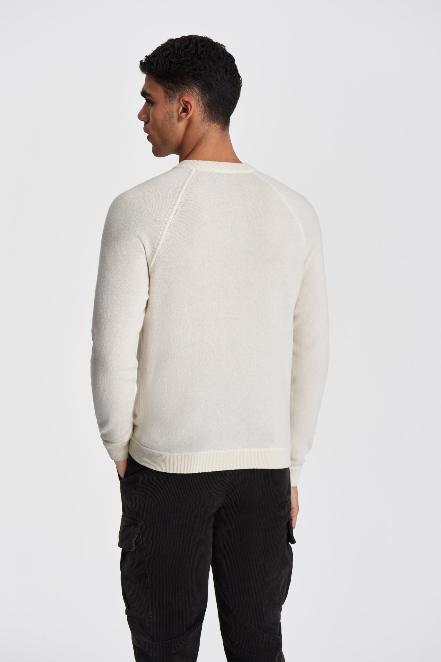 Wool Cashmere Raglan Crew Neck Sweater Off White Model Back Image