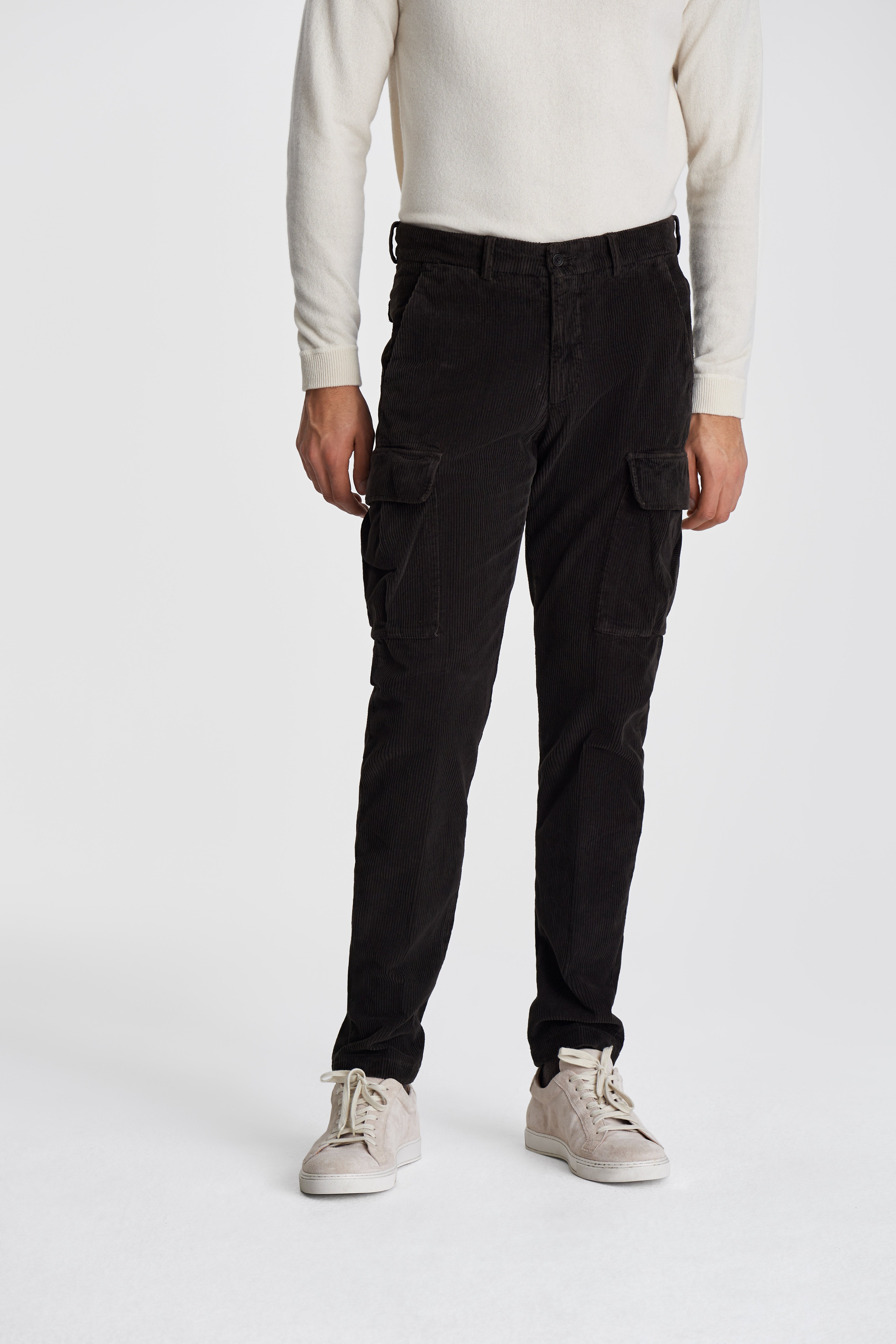 Corduroy Cargo Trousers Dark Brown Model Cropped Image