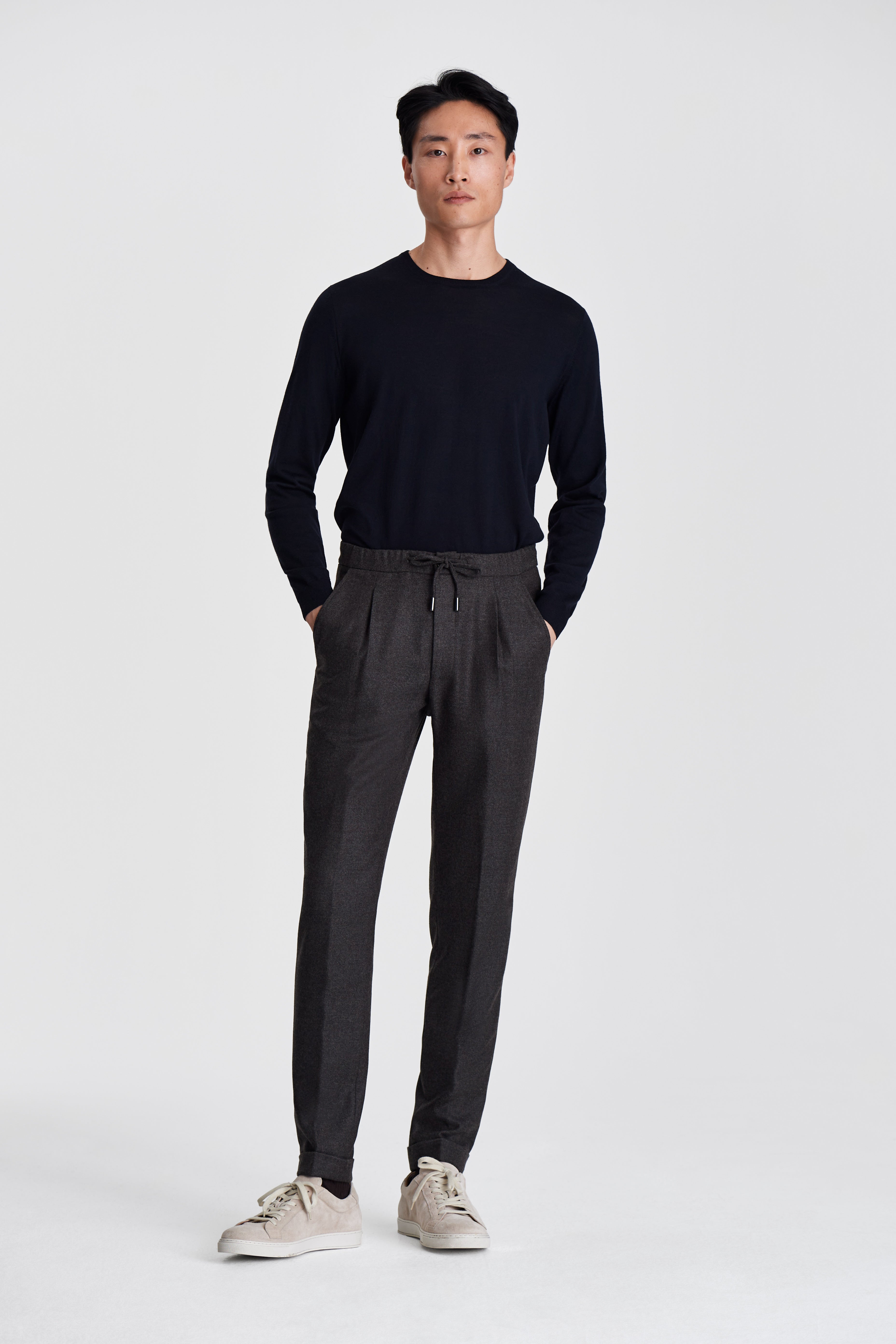Wool Cashmere Casual Tailored Trousers Charcoal Brown Model Image